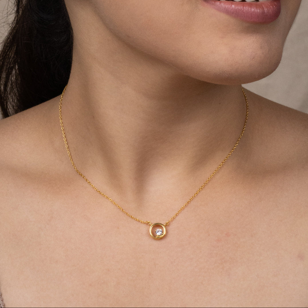 Silver Necklace with CZ Circle Pendant |  92.5 Silver | 22K Gold Plated