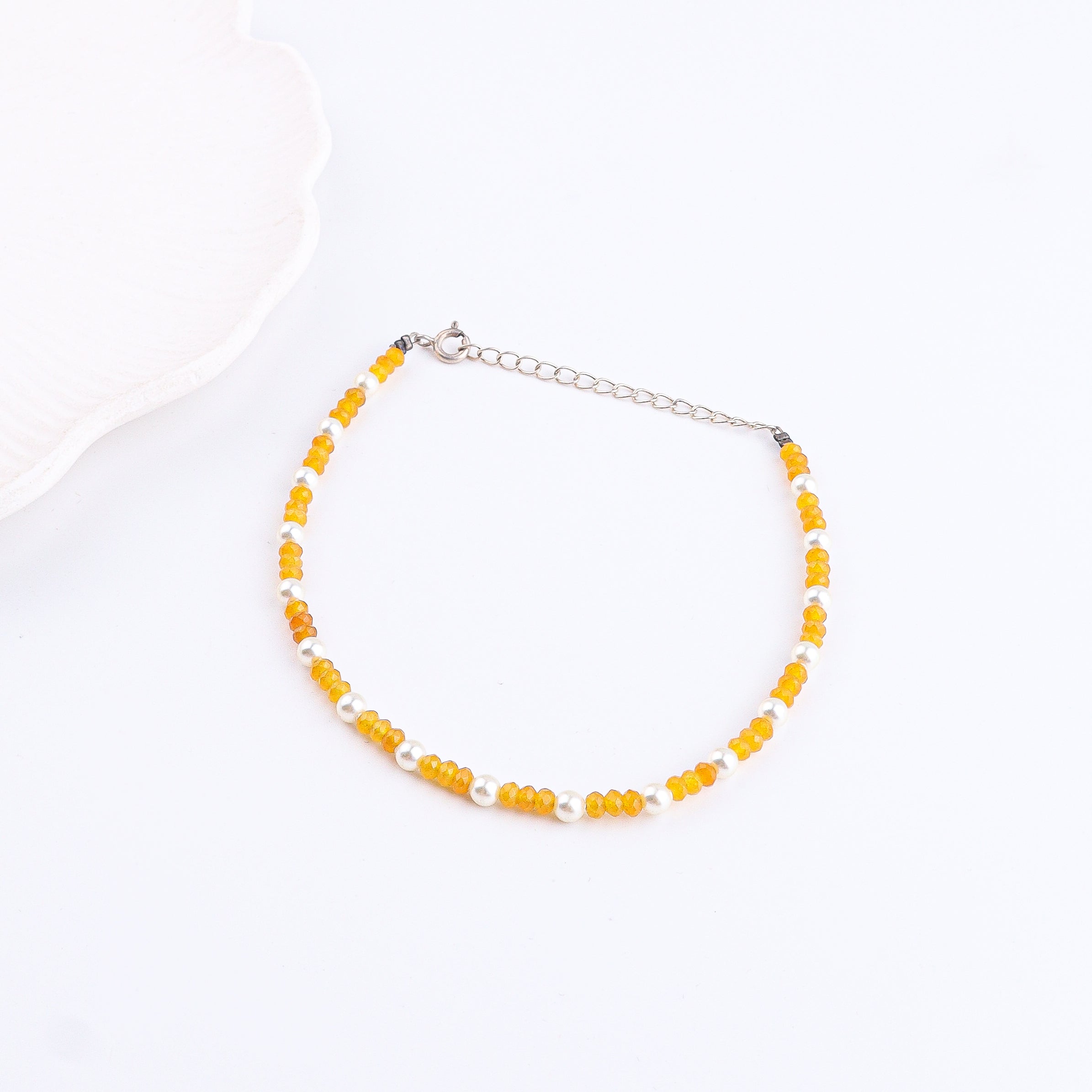 Yellow Jade & Pearl Anklet | 92.5 Sterling Silver
