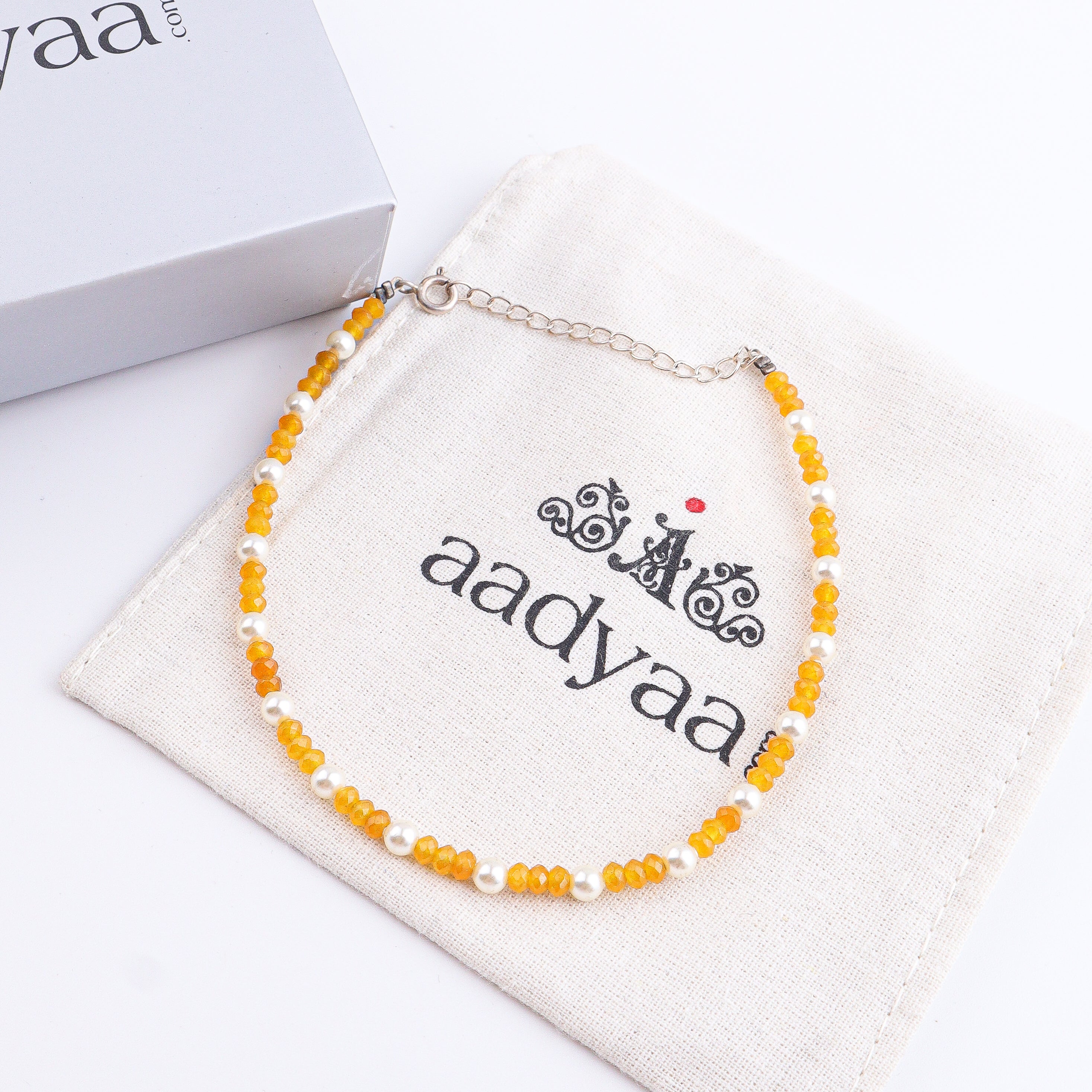 Yellow Jade & Pearl Anklet | 92.5 Sterling Silver