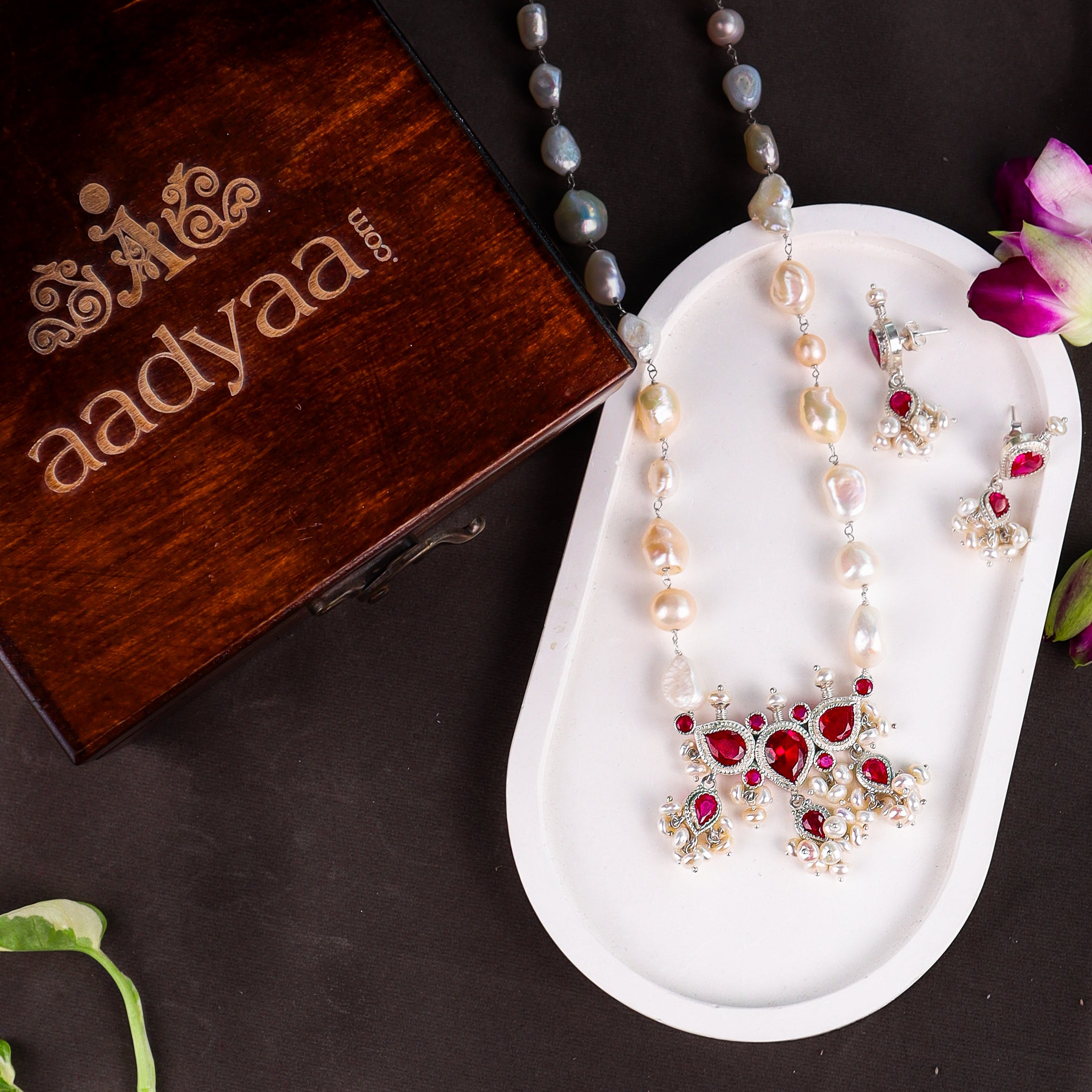 Silver Pink CZ Tanmani Set with Freshwater Pearl Ganthan