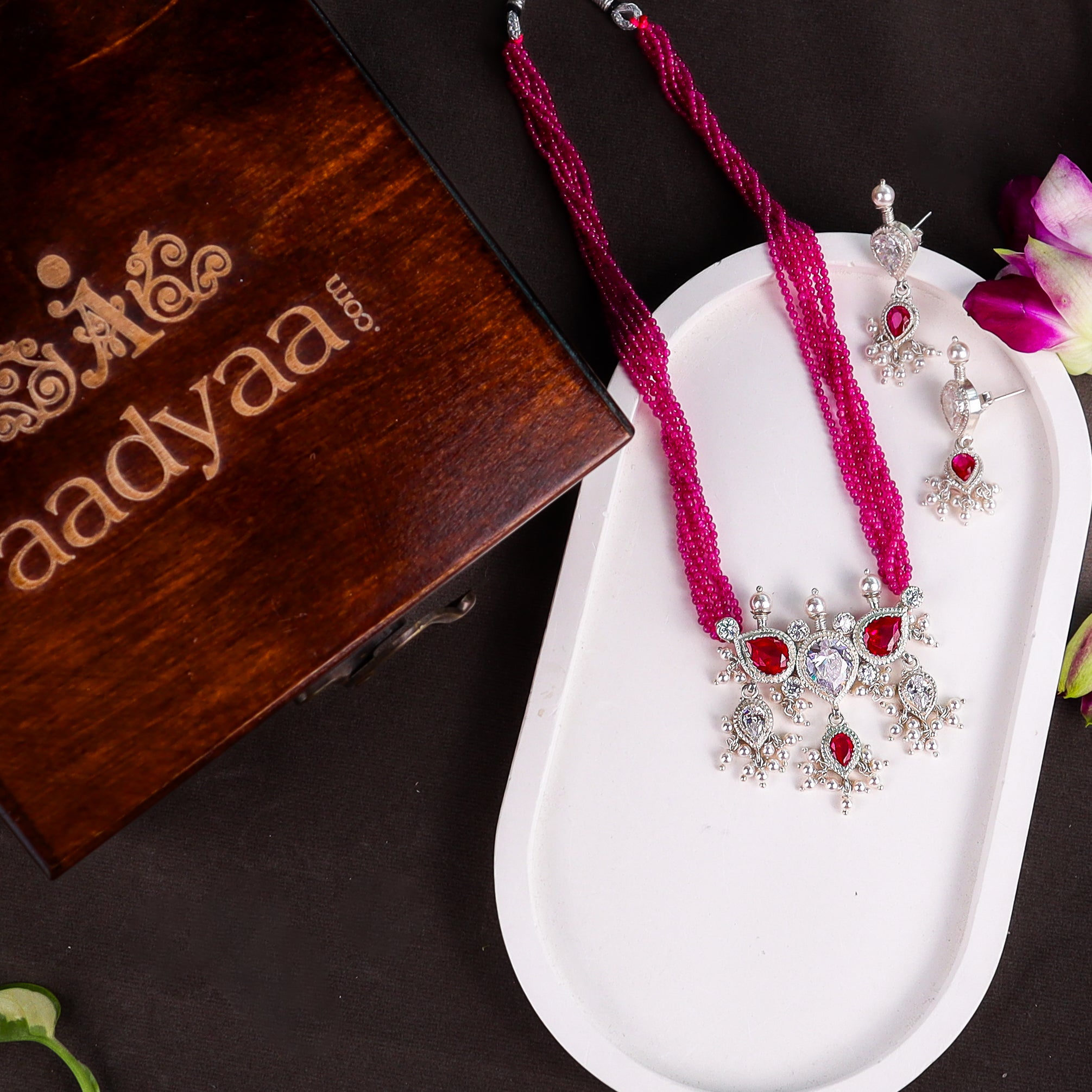 Silver CZ Tanmani Set with Rubies