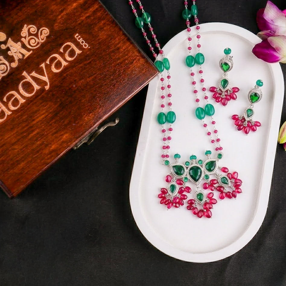 Silver Green CZ Tanmani Set with Green Onyx & Rubies