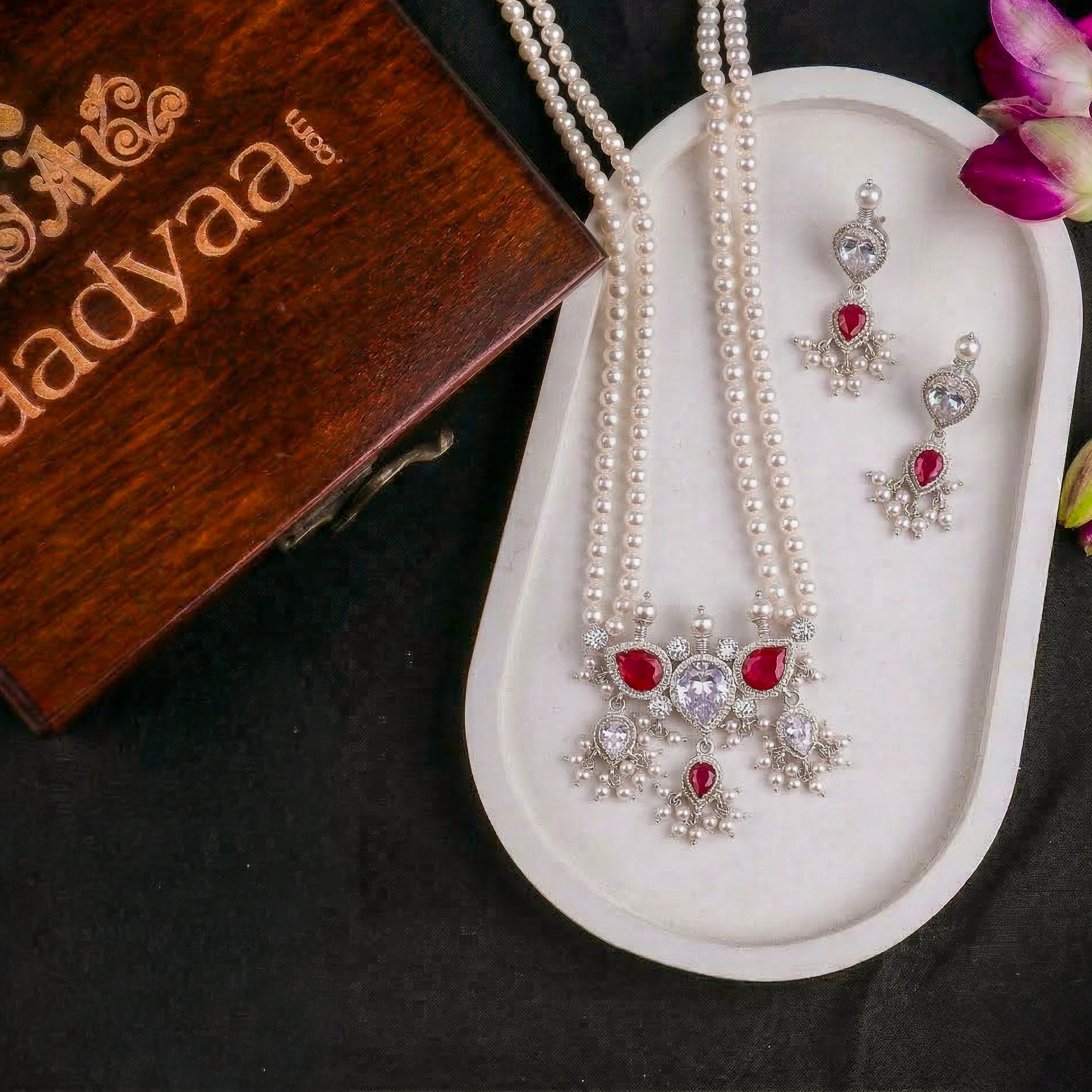 Silver Pink & White CZ Tanmani Set with Pearls
