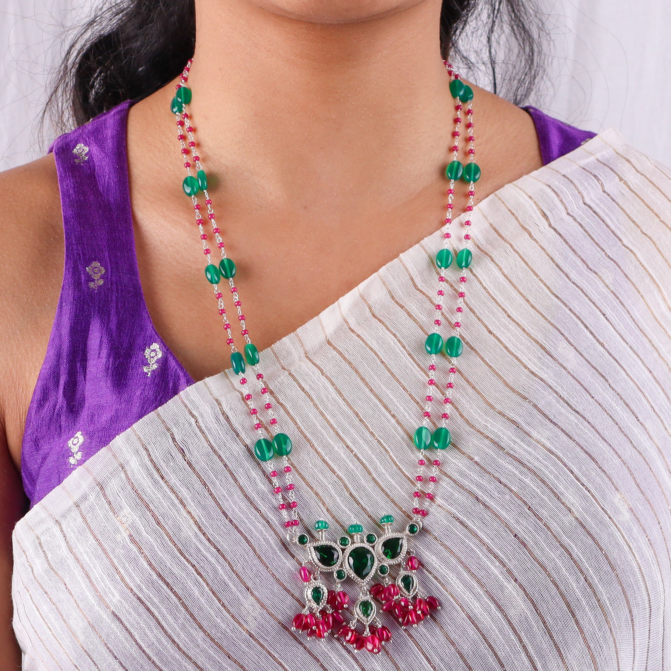 Silver Green CZ Tanmani Set with Green Onyx & Rubies