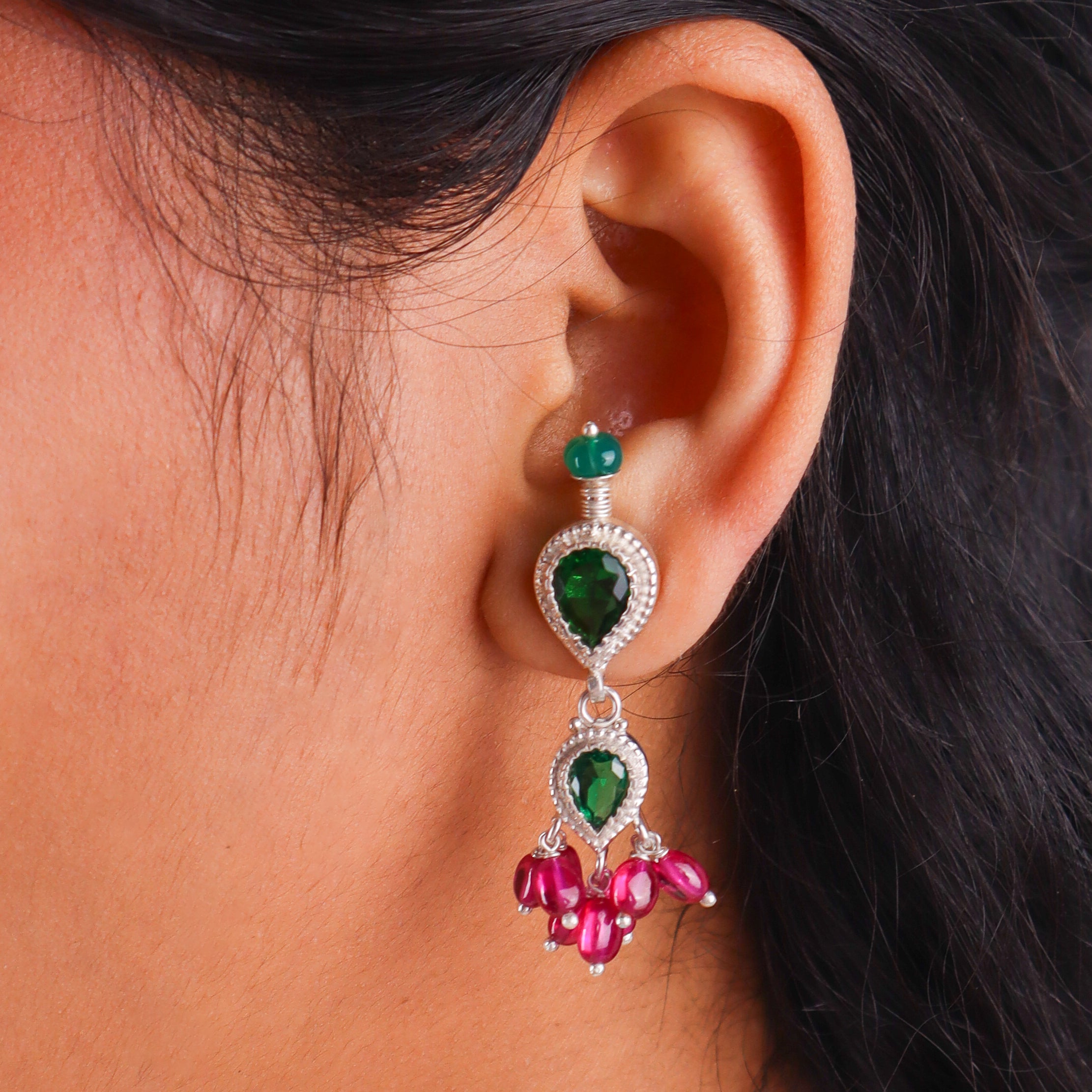 Silver Green CZ Tanmani Set with Green Onyx & Rubies