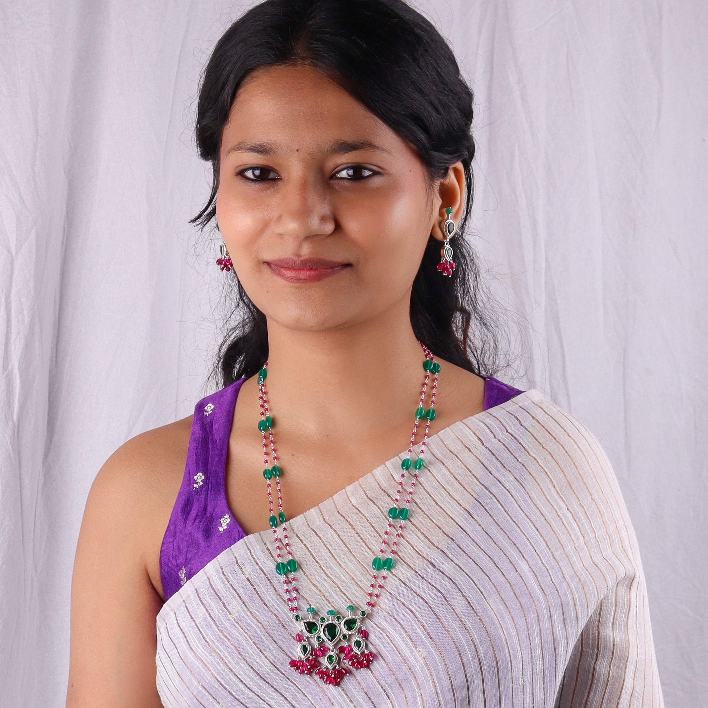 Silver Green CZ Tanmani Set with Green Onyx & Rubies