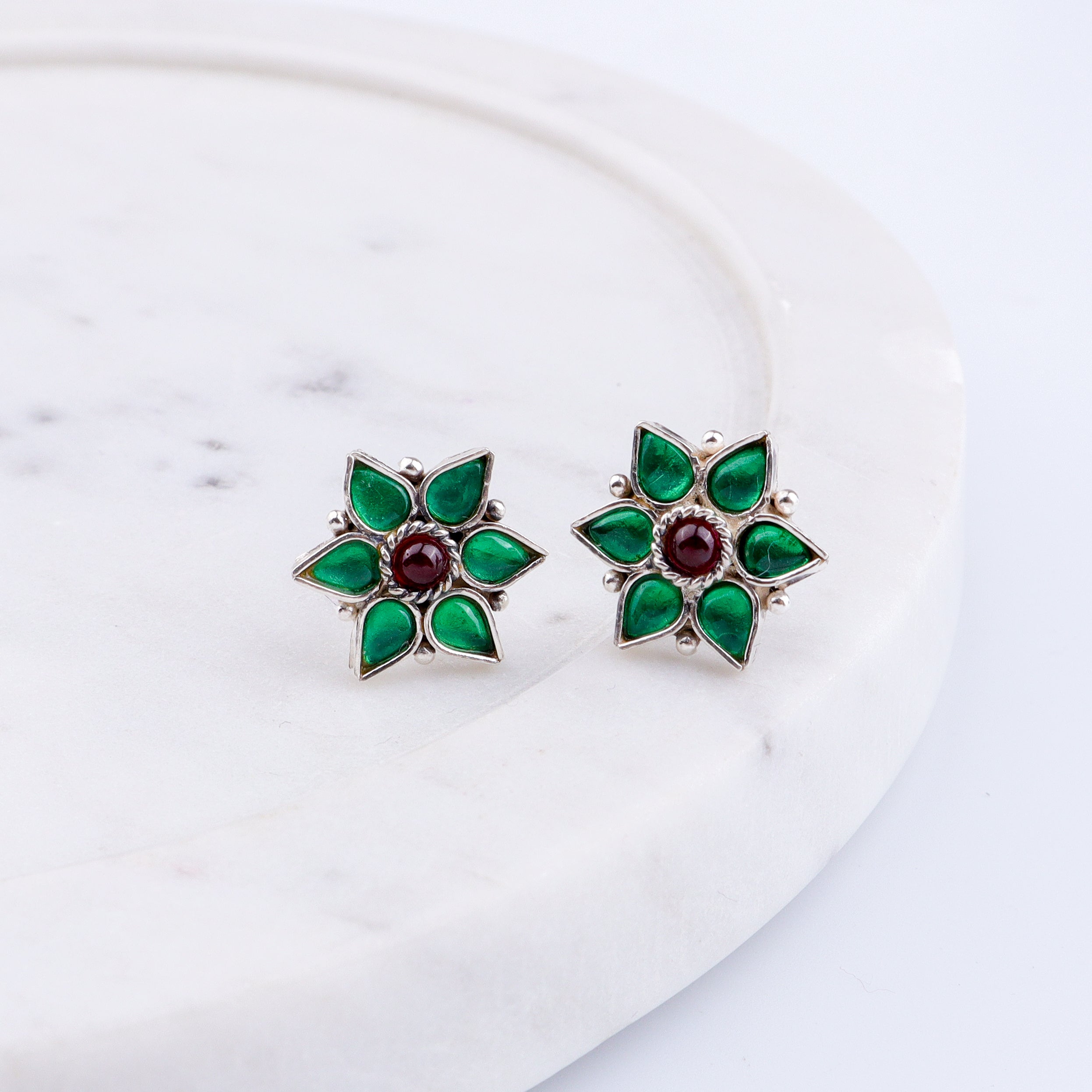Silver Green Nakshatra Flower Earring