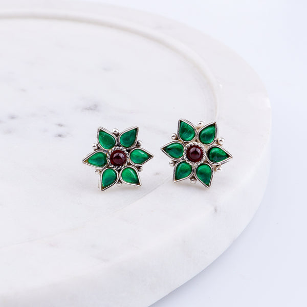 Silver Green Nakshatra Flower Earring