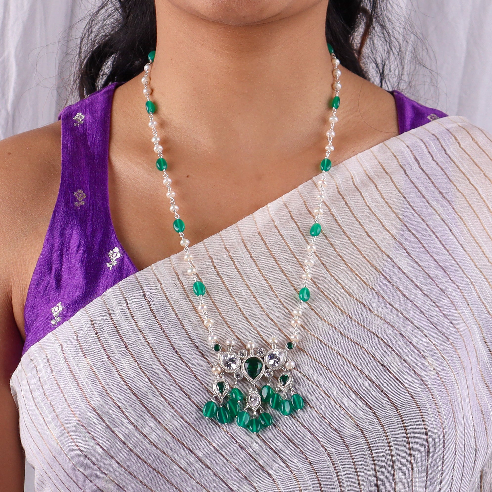 Silver CZ Tanmani Set with Pearls & Green Onyx