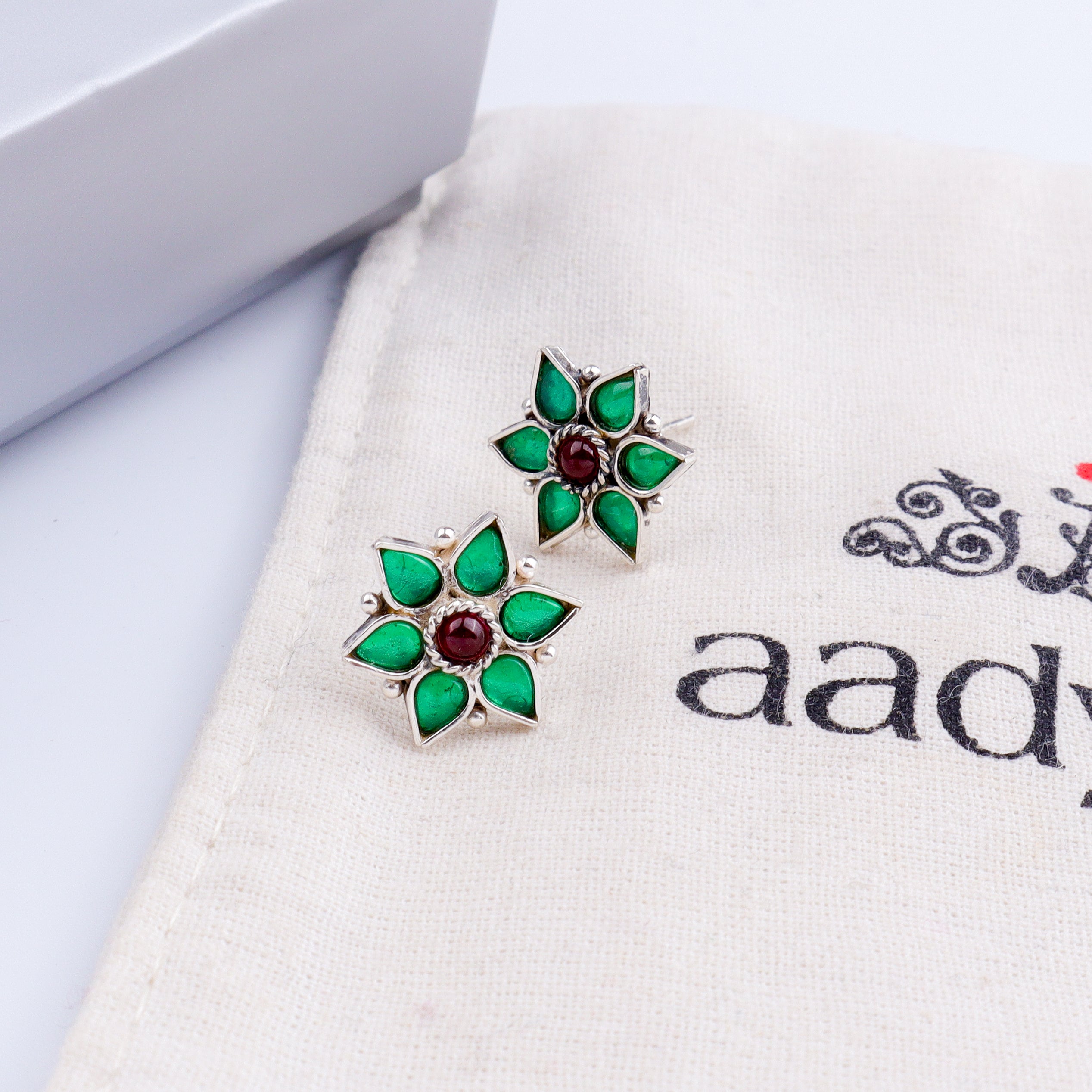 Silver Green Nakshatra Flower Earring