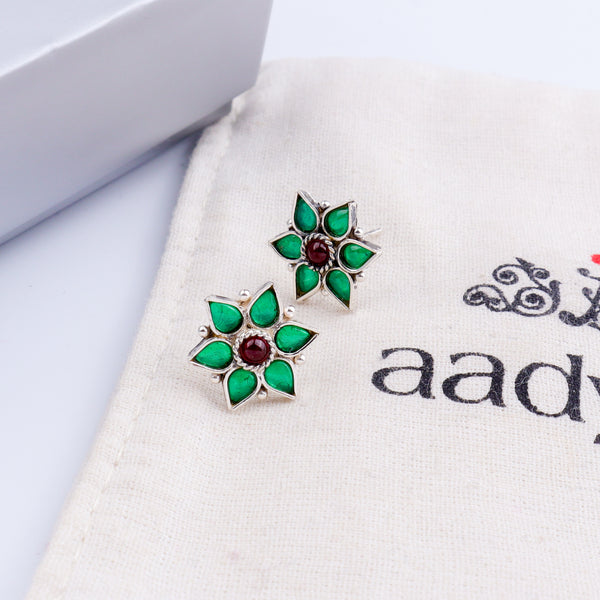 Silver Green Nakshatra Flower Earring