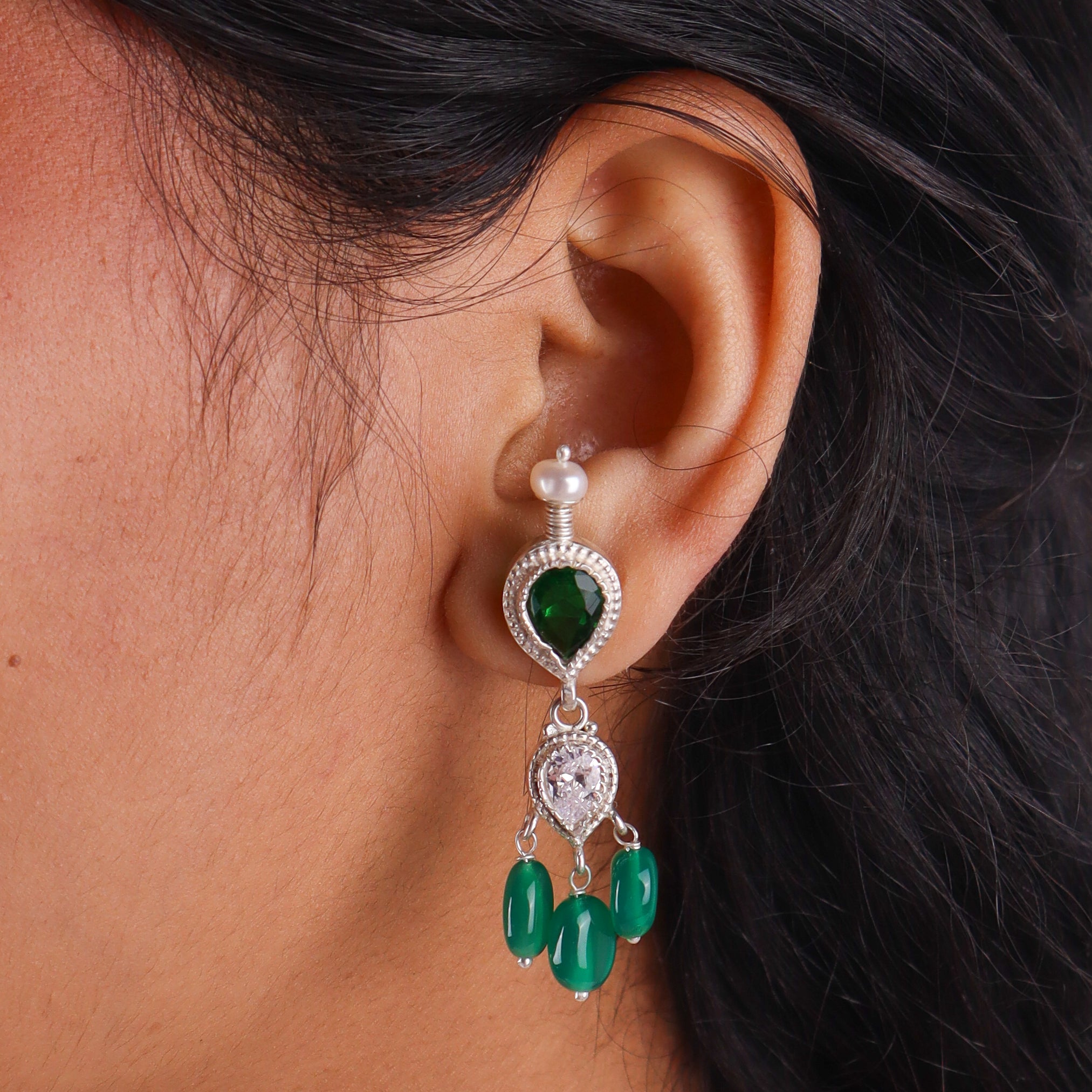Silver CZ Tanmani Set with Pearls & Green Onyx
