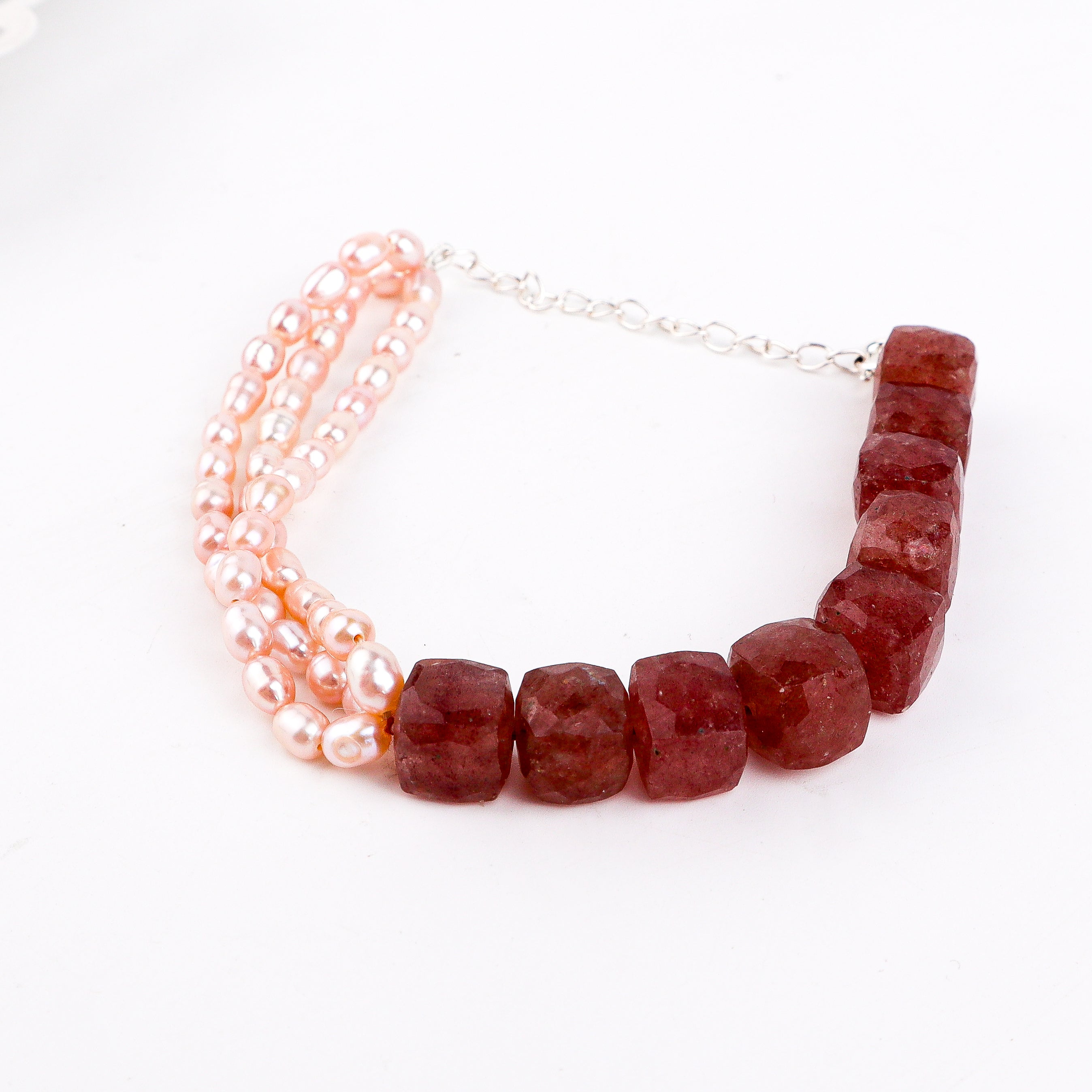 Strawberry Quartz & Pink Rice Pearl Bracelet