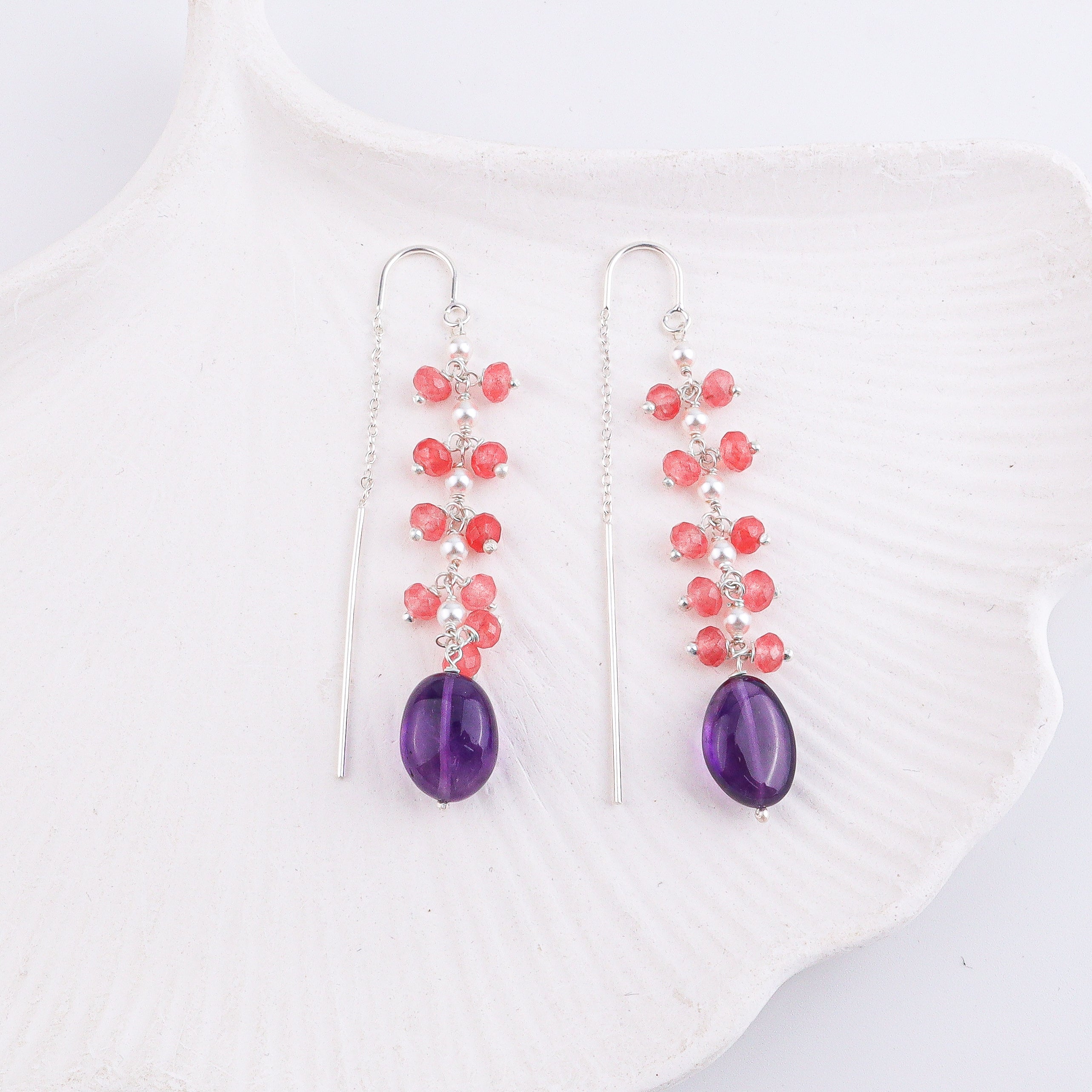 Amethyst & Pink Jade Sui Dhaaga Branch Earrings