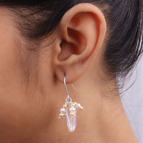 Rose Quartz, Golden & White Pearl Silver Earrings (Project Handmade)