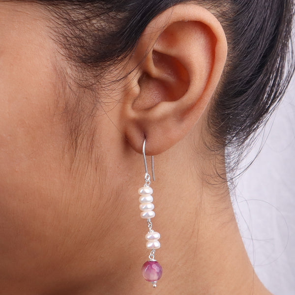 Purple Agate & Freshwater Pearl Silver Earrings (Project Handmade)