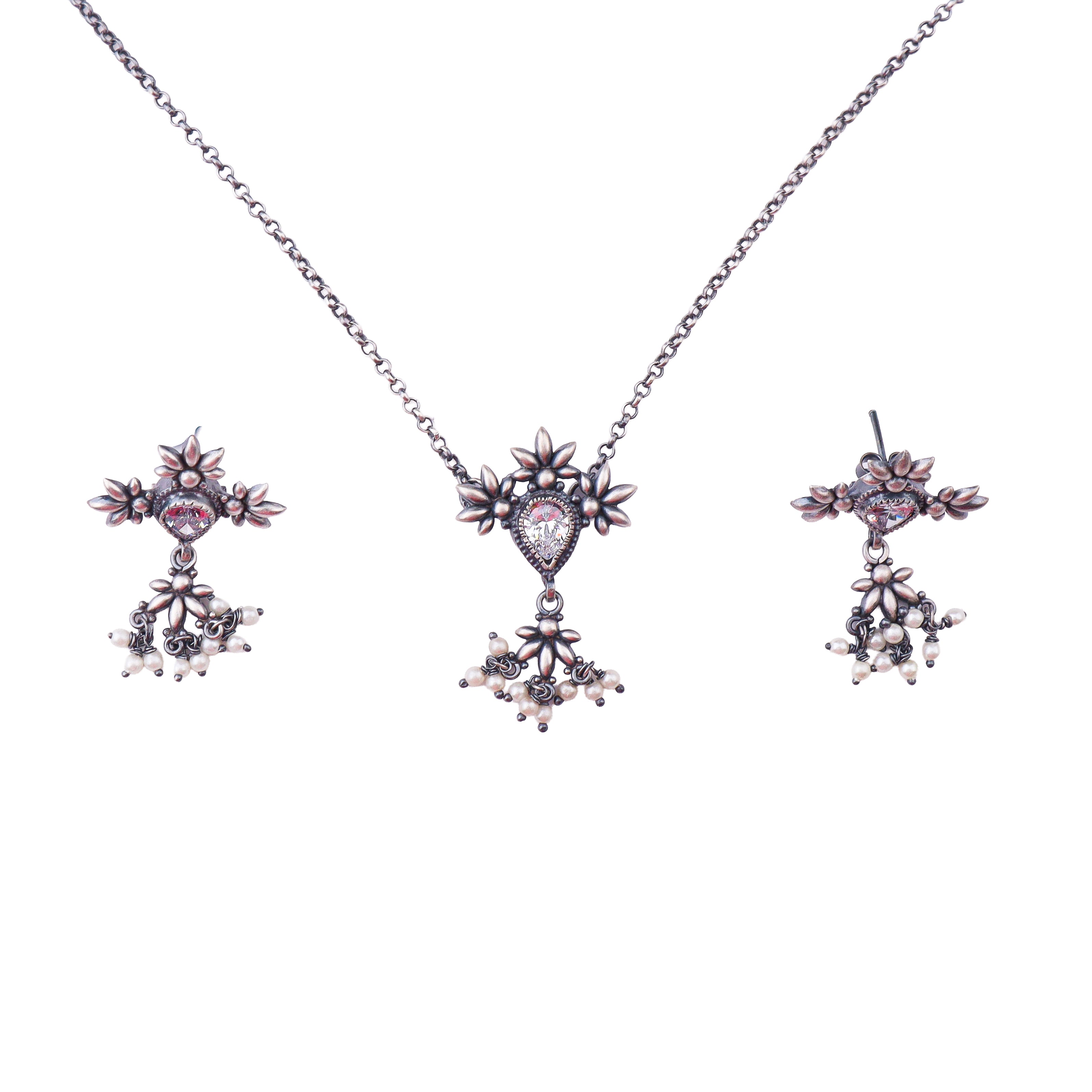 Silver CZ Flower Tanmani Set with Pearls