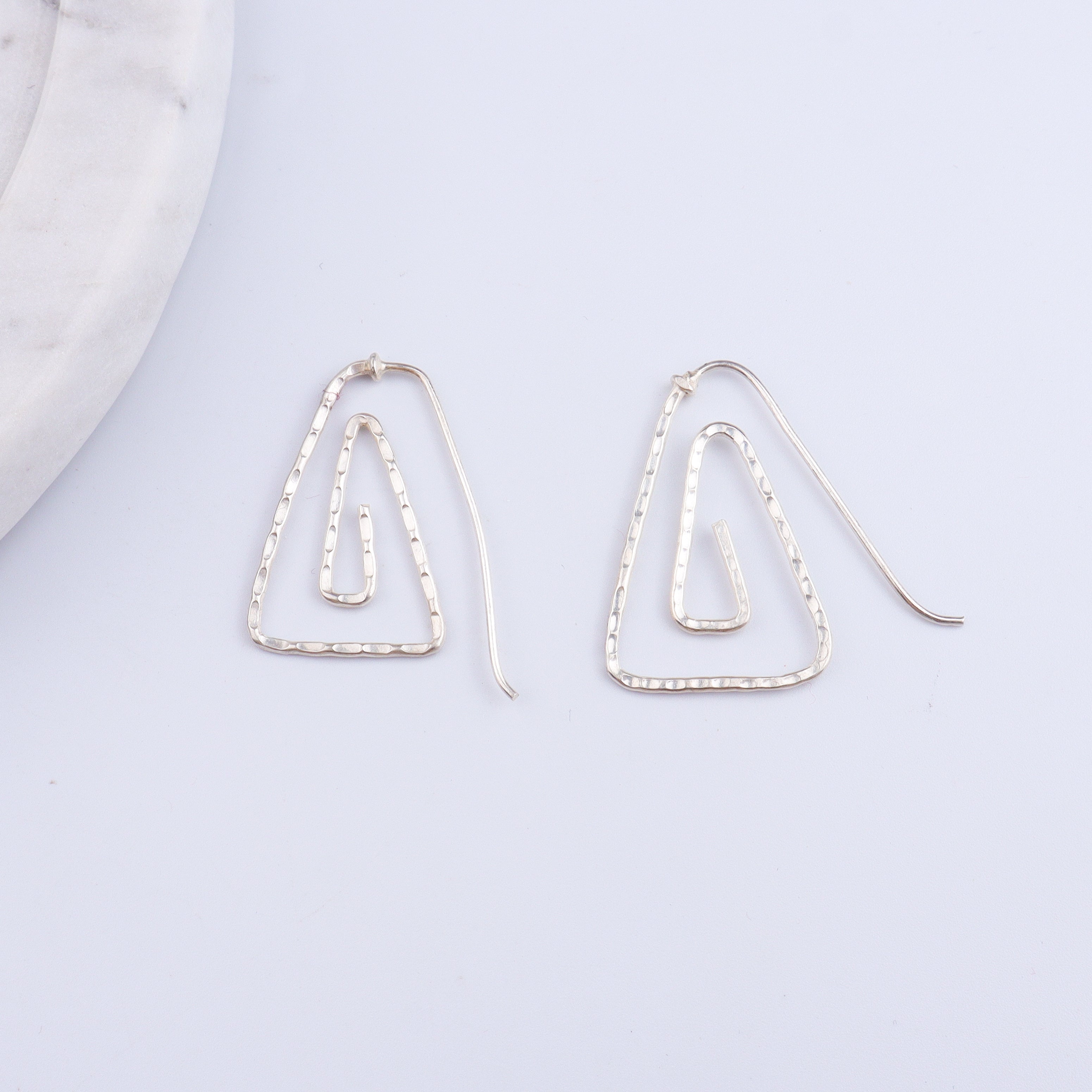 Silver Spiral Triangle Hammered Earrings