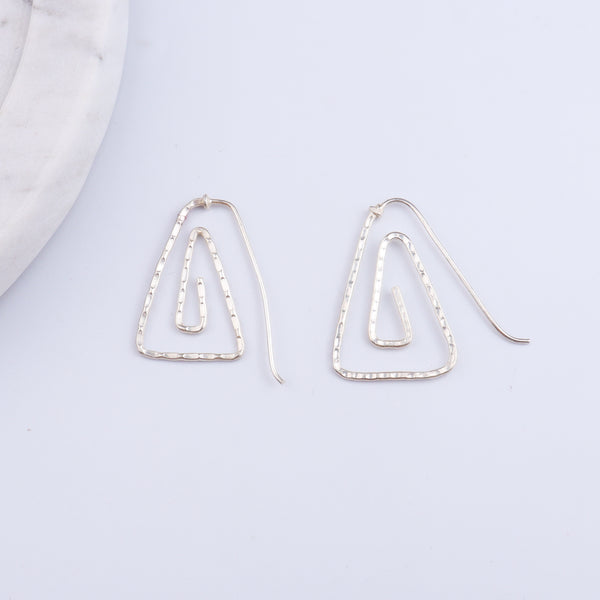 Silver Spiral Triangle Hammered Earrings