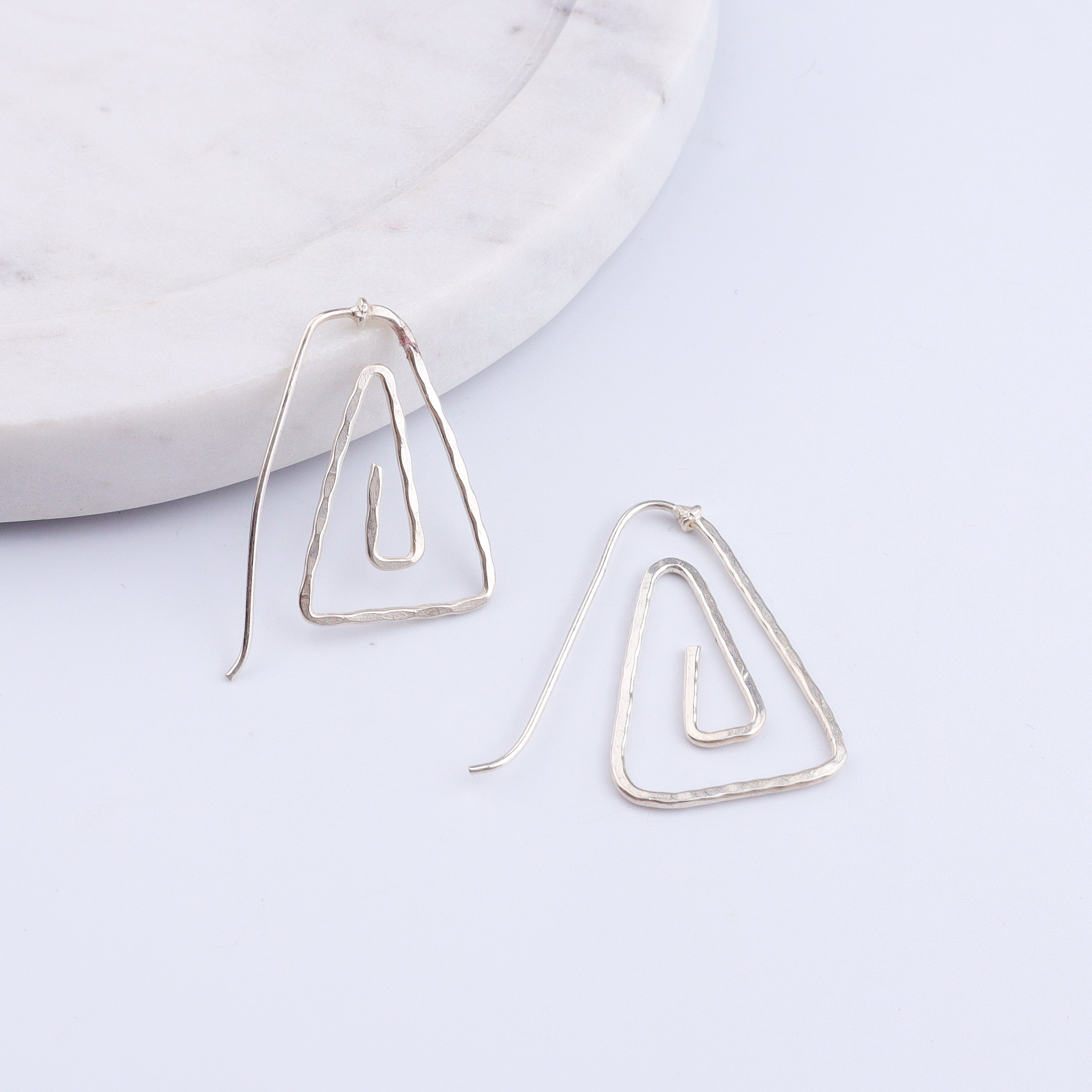 Silver Spiral Triangle Hammered Earrings