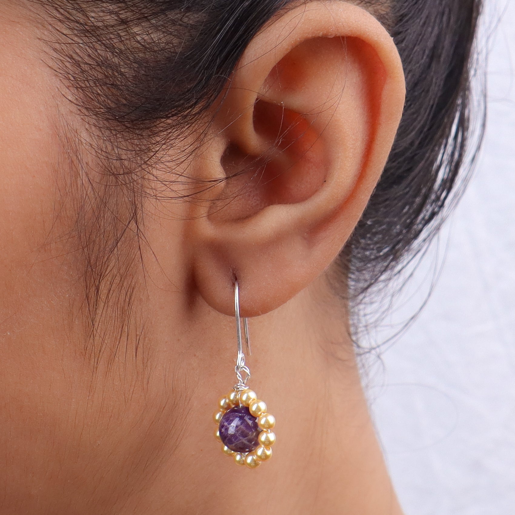 Purple Agate & Golden Pearl Silver Earrings (Project Handmade)