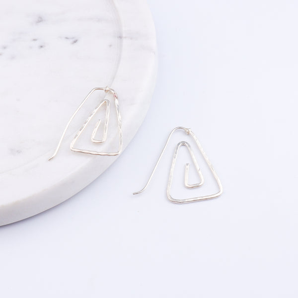 Silver Spiral Triangle Hammered Earrings