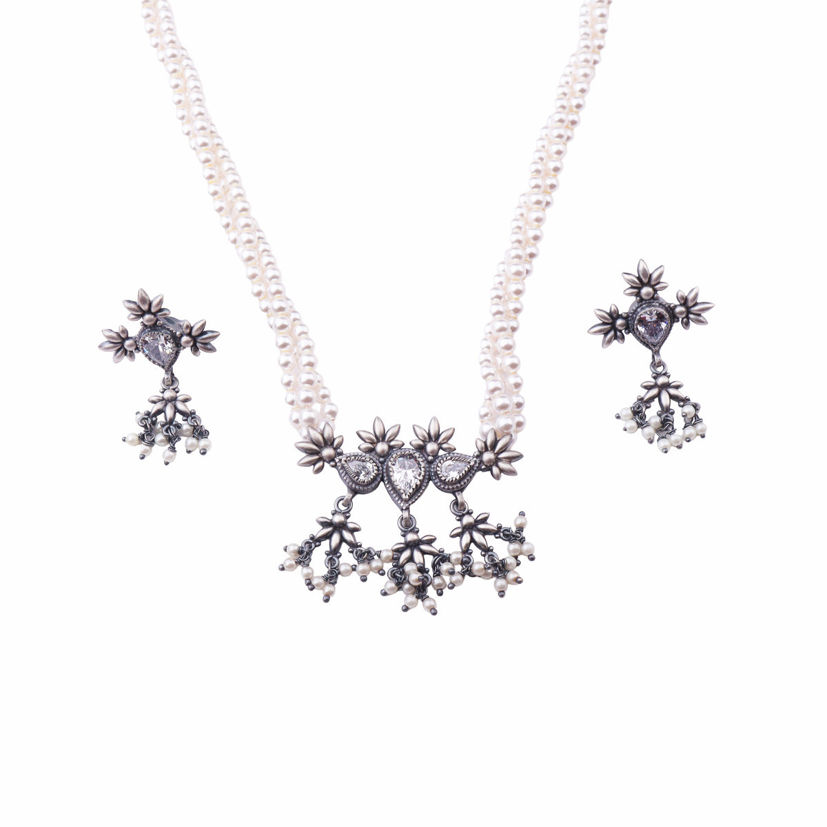 CZ Flower Tanmani Set - Silver Pearl Jewelry | 3 Leaf