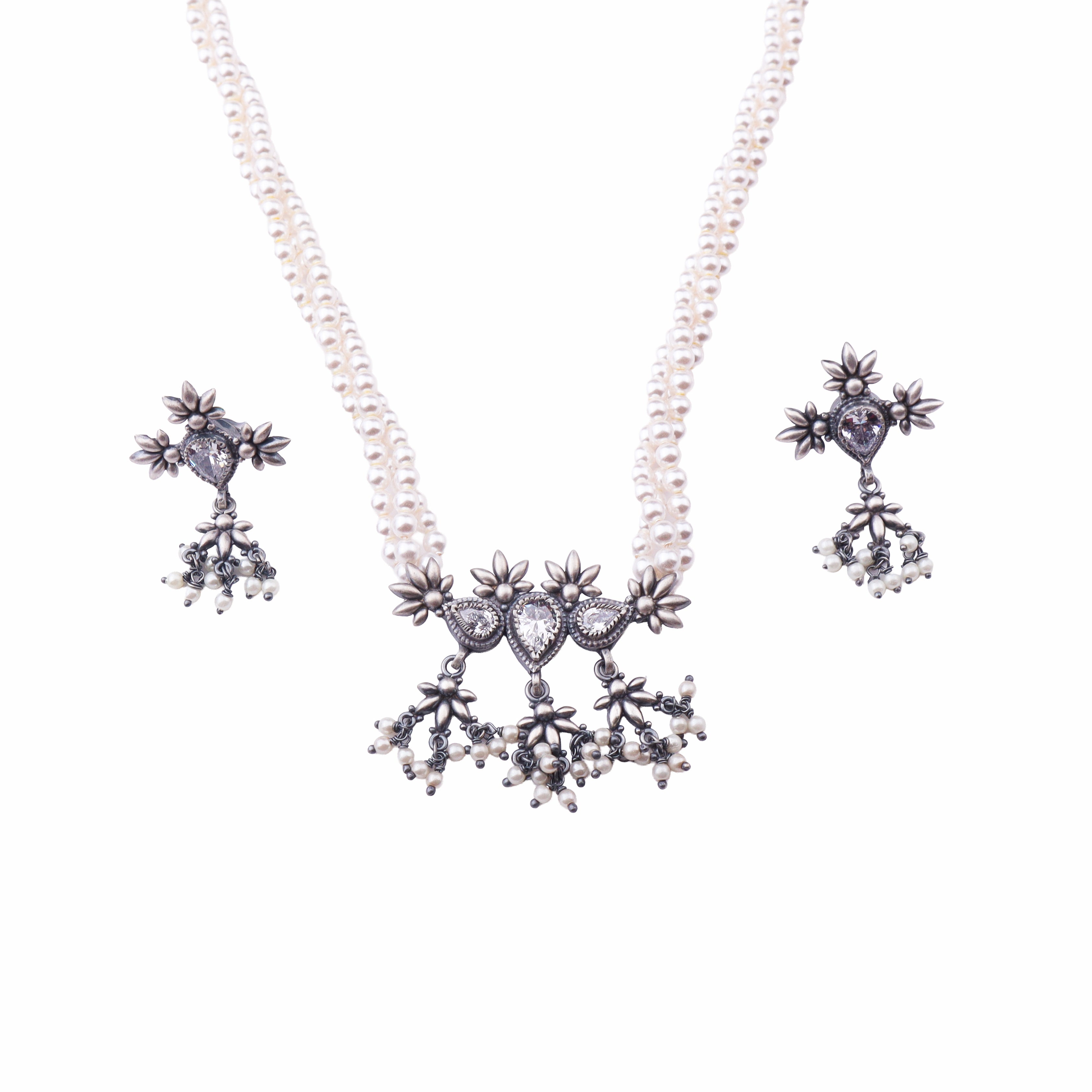 Silver CZ Flower Tanmani Set with Pearls (3 Leaf)