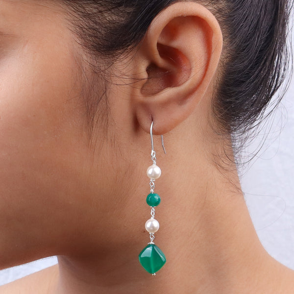 Green Onyx & Pearl Silver Earrings (Project Handmade)