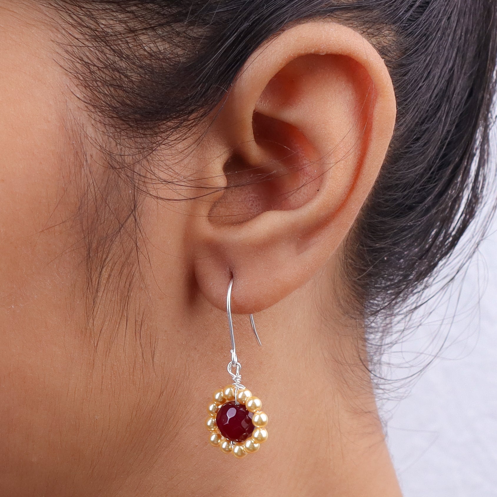 Red Agate & Golden Pearl Silver Earrings (Project Handmade)
