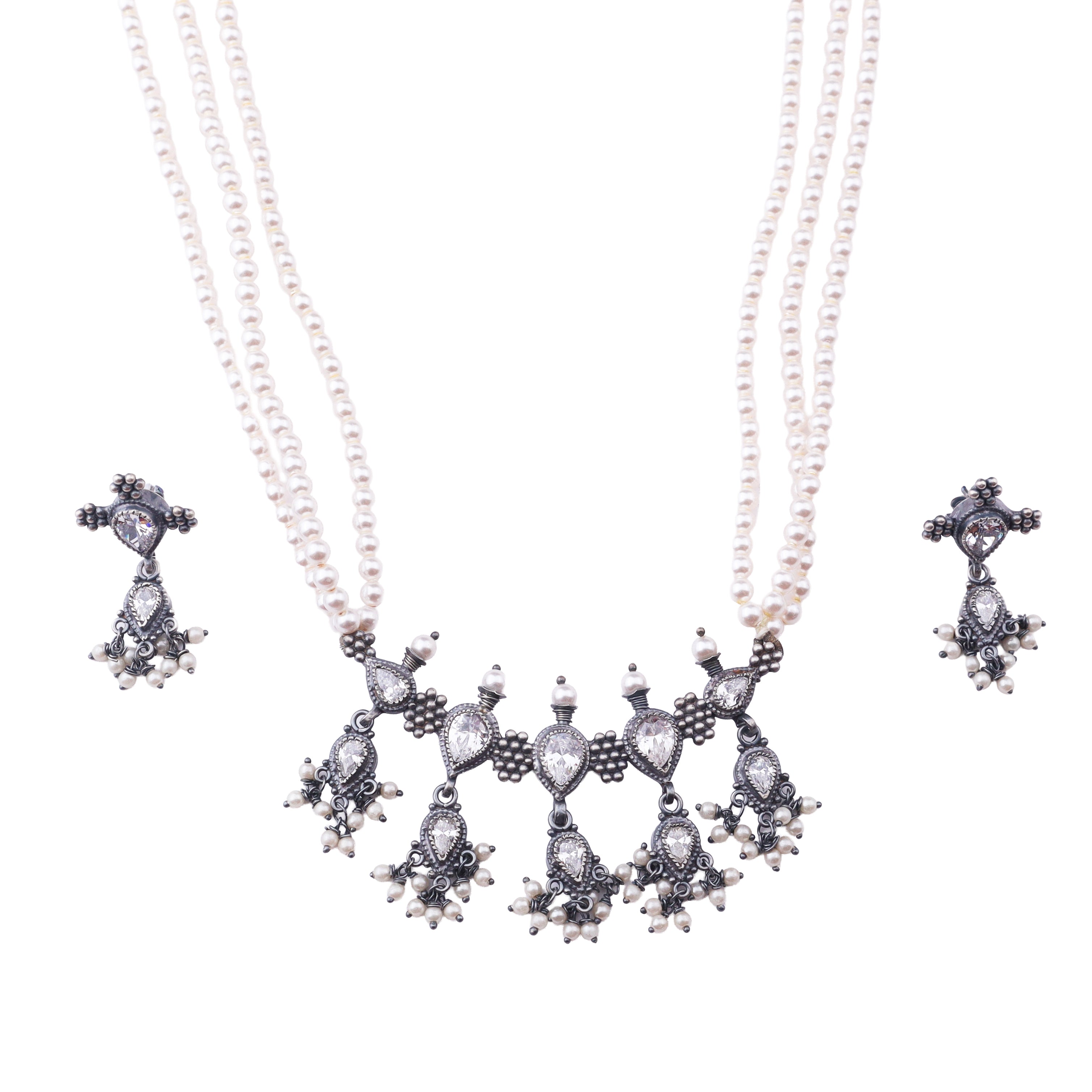 Silver CZ Kudi Tanmani Set with Pearls (5 Leaf)