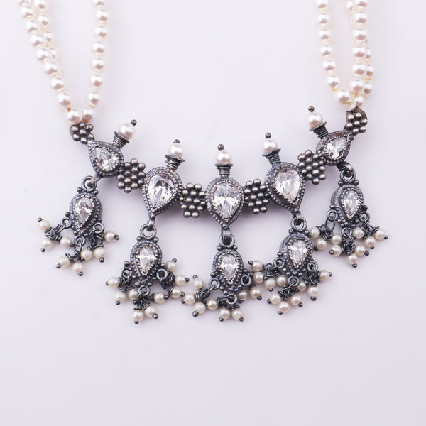 Silver CZ Kudi Tanmani Set with Pearls (5 Leaf)