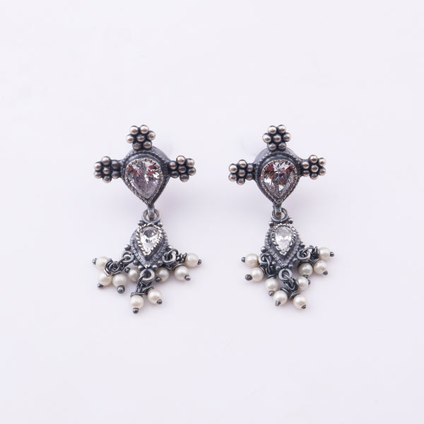 Silver CZ Kudi Tanmani Set with Pearls (3 Leaf)