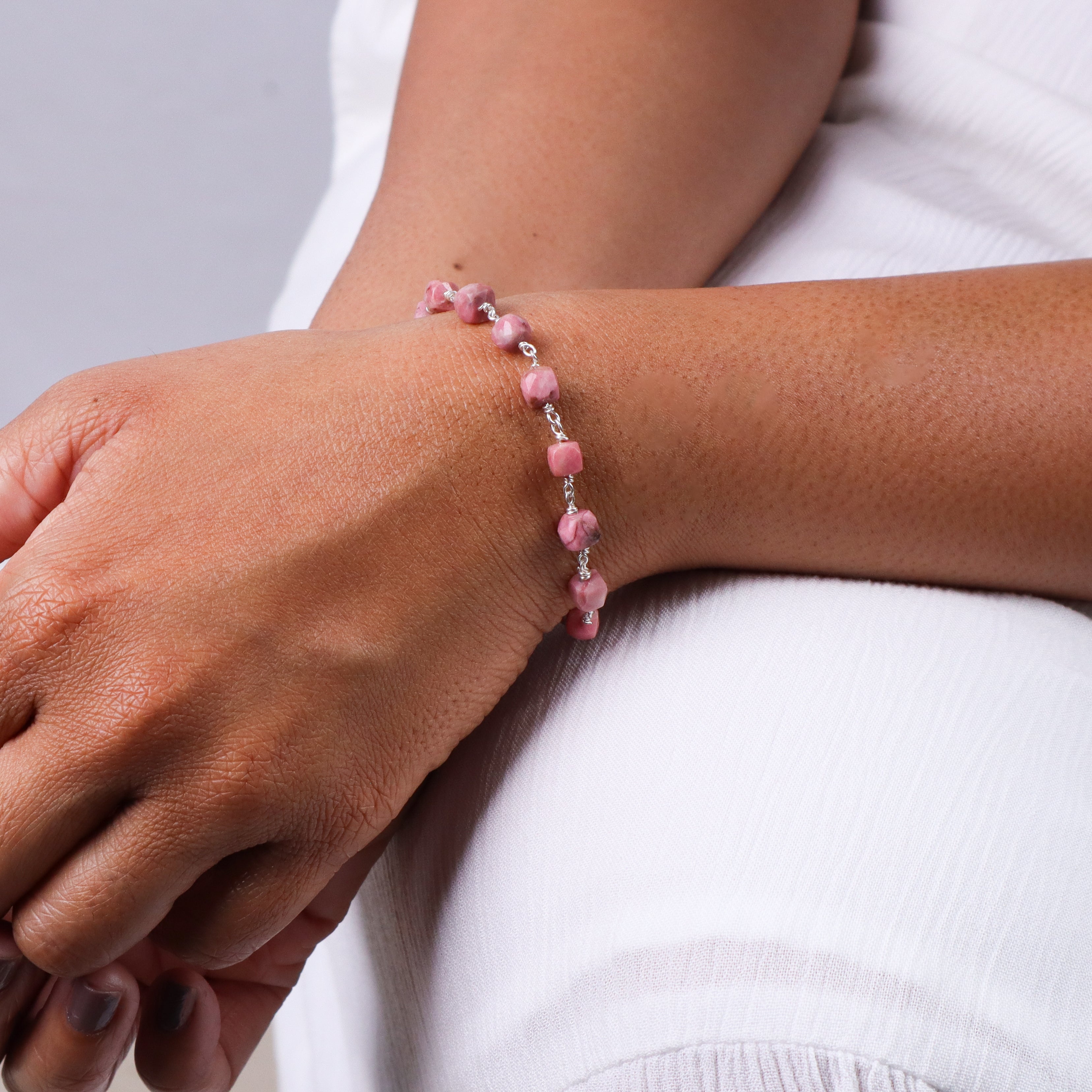 Silver Ganthan Bracelet with Pink Opal Stones
