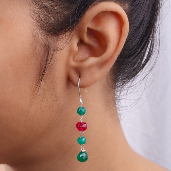 Green Onyx & Ruby Silver Earrings (Project Handmade)