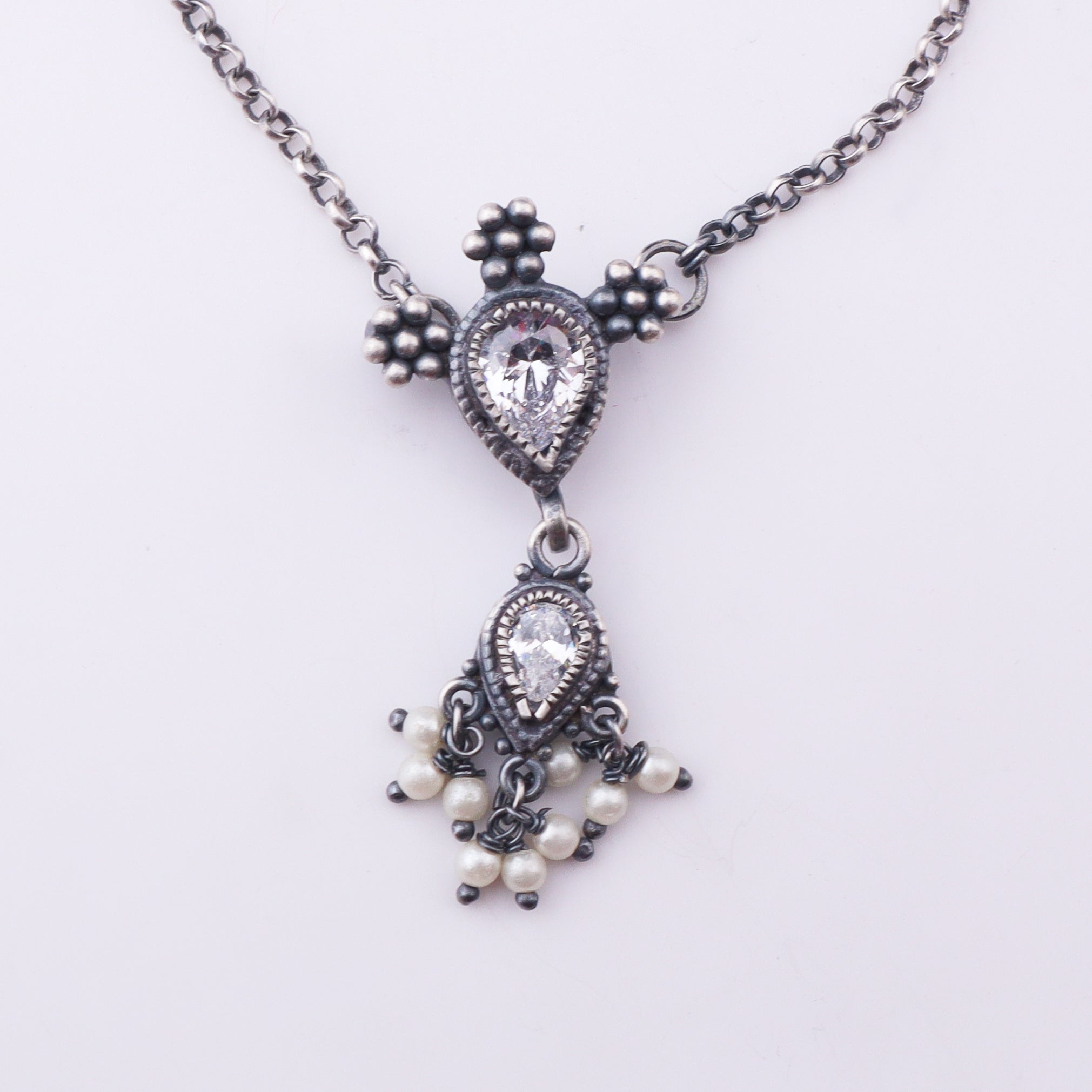 Silver CZ Kudi Tanmani Set with Pearls