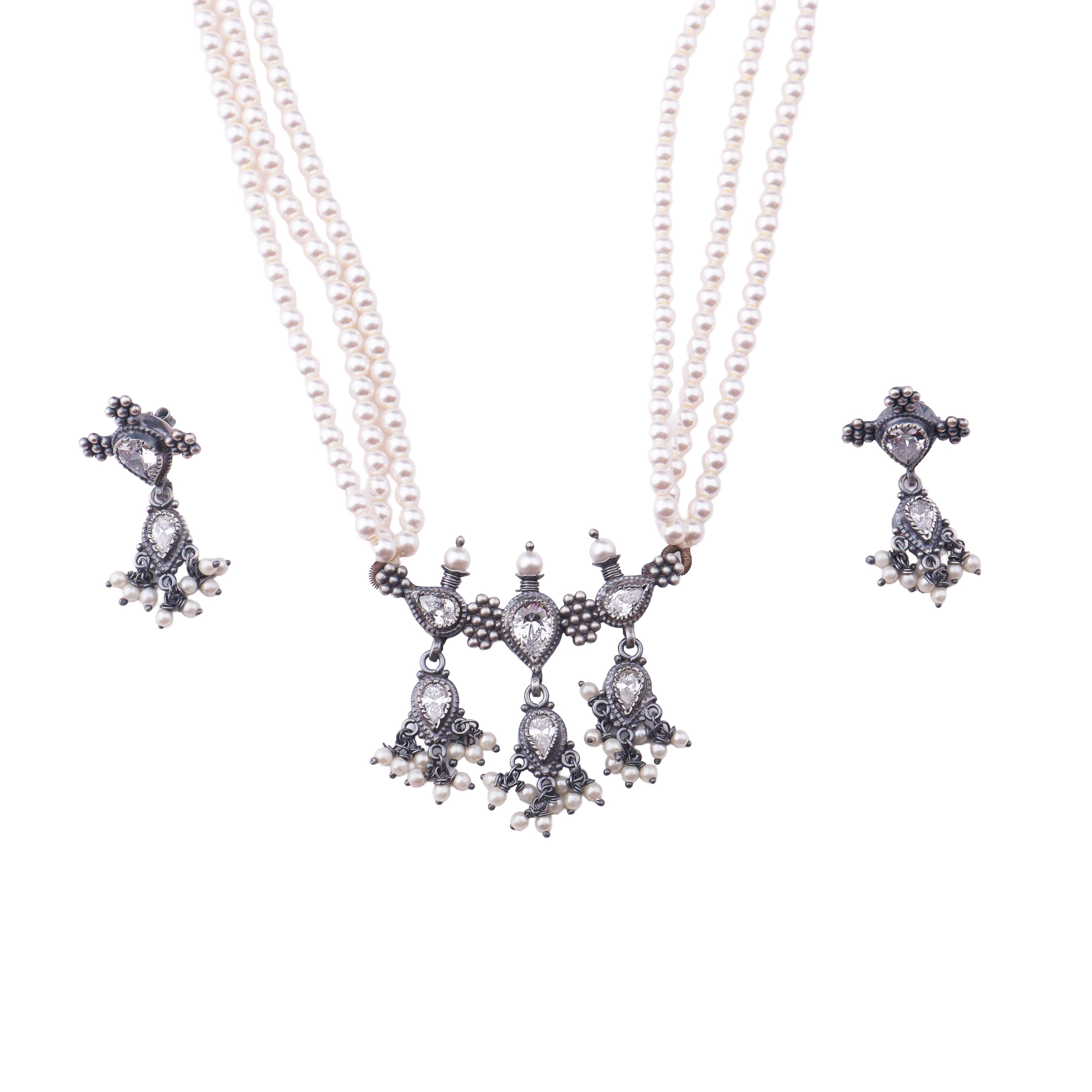 Silver CZ Kudi Tanmani Set with Pearls (3 Leaf)