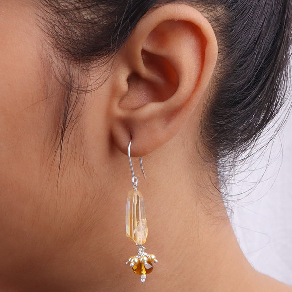 Citrine, Yellow Agate & Golden Pearl Silver Earrings (Project Handmade)