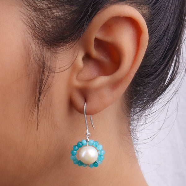 Blue Jade & Pearl Silver Earrings (Project Handmade)