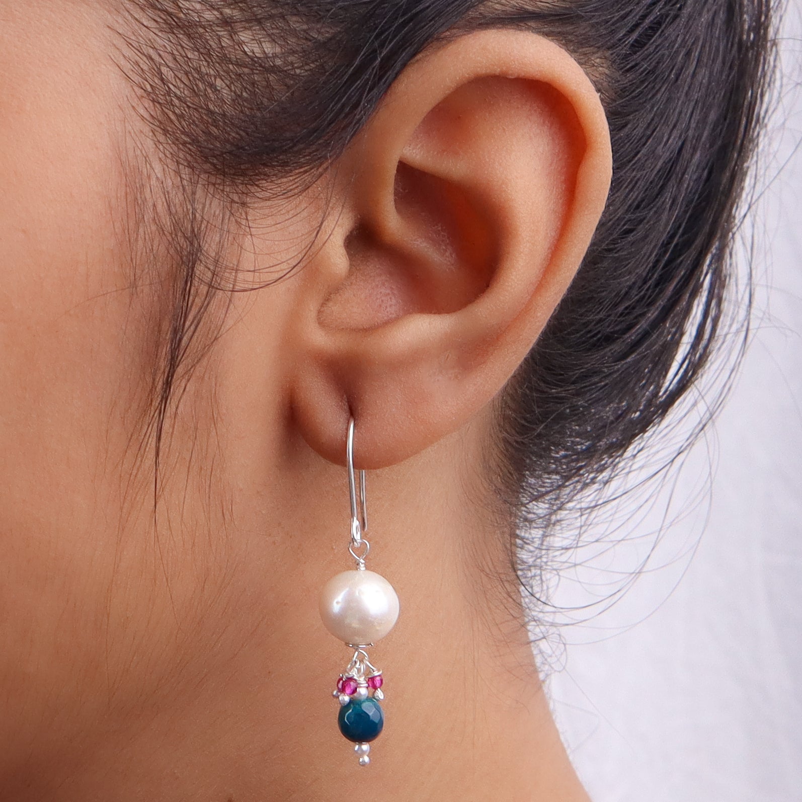 Blue Agate, Ruby & Pearl Silver Earrings (Project Handmade)