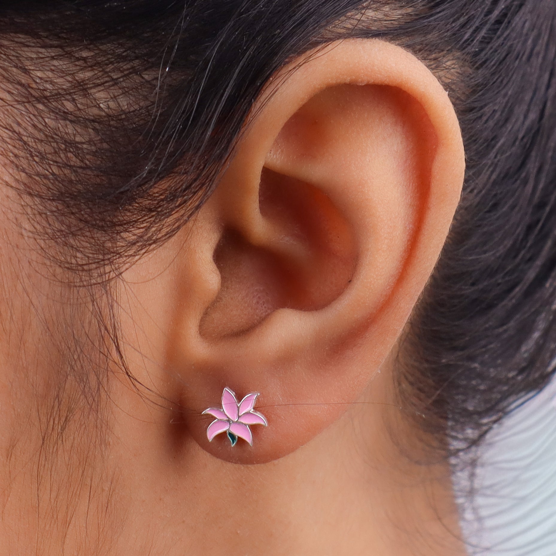 Pink Lily Enamel Studs | 92.5 Silver