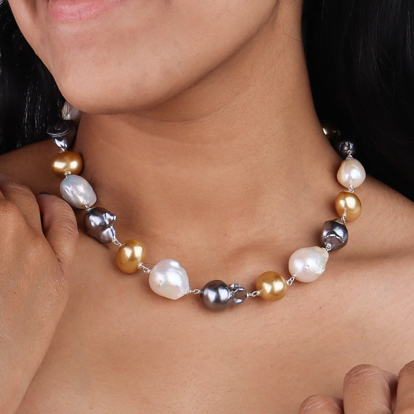 Baroque and Shell Pearls Silver Ganthan Necklace