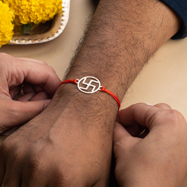 Silver Laser cut Swastik Rakhi: Small