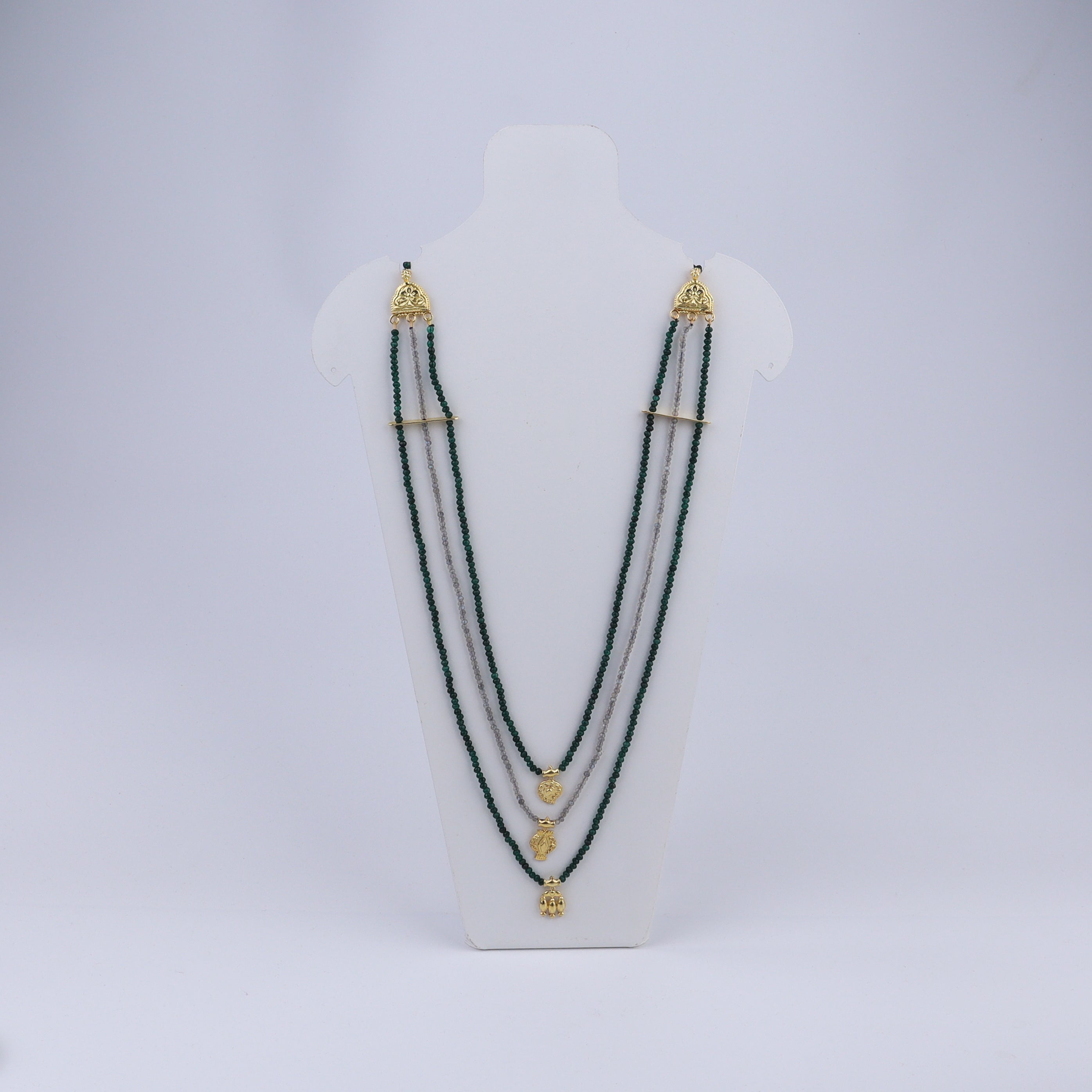 Saaj Motif Satlada Inspired Necklace with Green Onyx and Labradorite Stones| 925 Silver | 22K Gold Plated (3 layered)