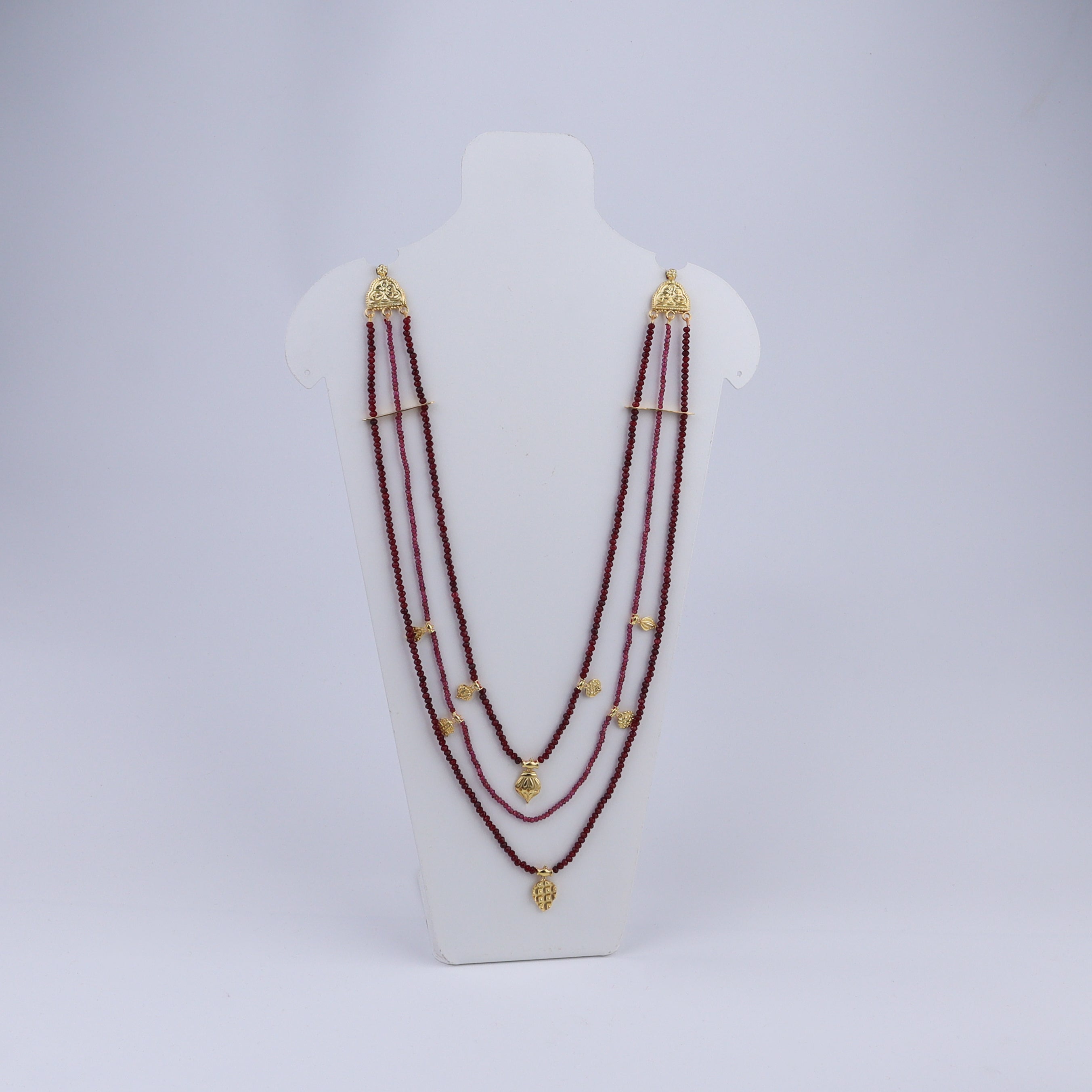 Saaj Motif Satlada Inspired Necklace with Garnets and Ruby Stones | 925 Silver | 22K Gold Plated (3 layered)