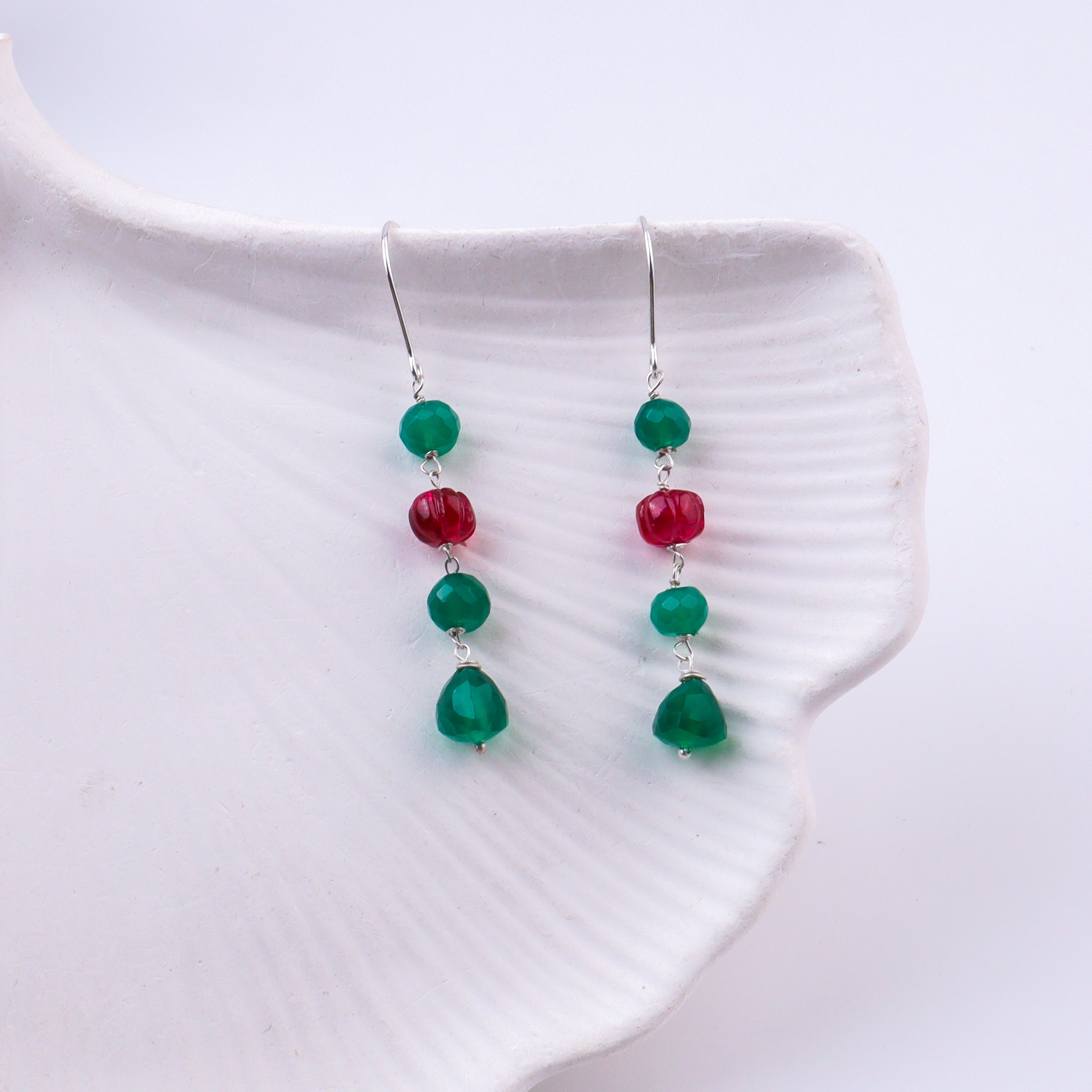 Green Onyx & Ruby Silver Earrings (Project Handmade)