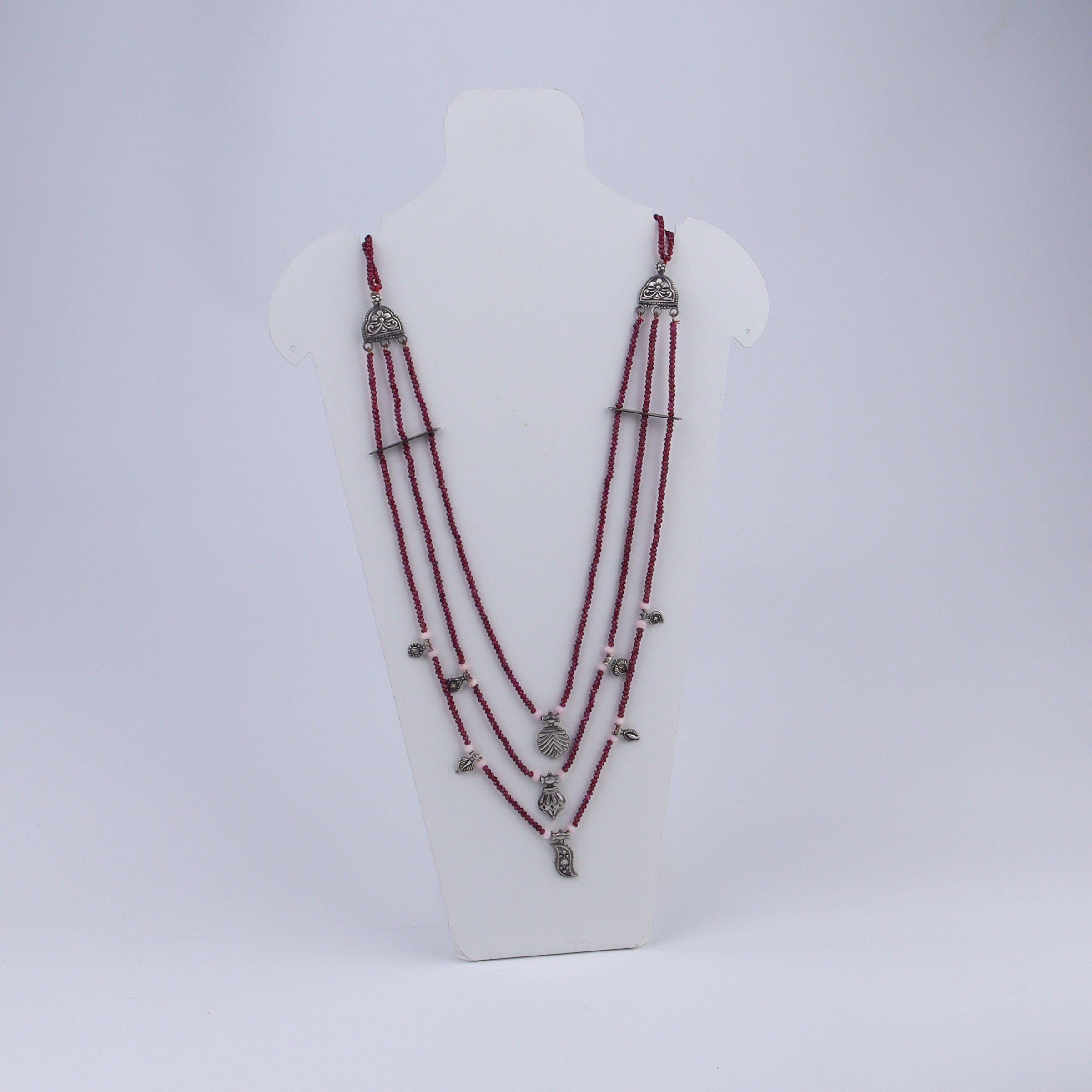 Saaj Motif Satlada Inspired Necklace with Garnet Stones and Moonstones (3 layered)