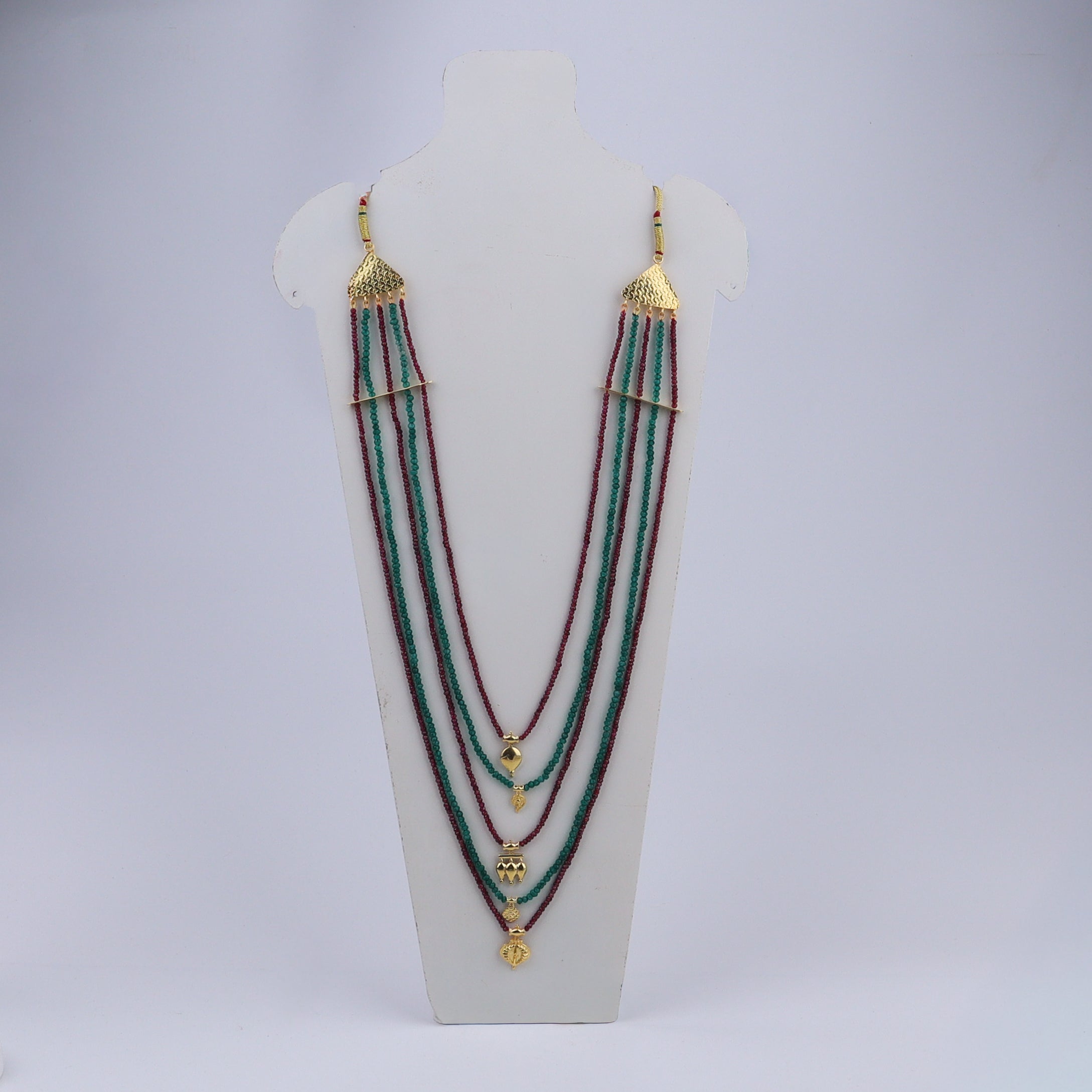 Saaj Motif Satlada Inspired Necklace with Garnets and Green Onyx Stones | 5 Layered | 92.5 Silver | 22K Gold Plated