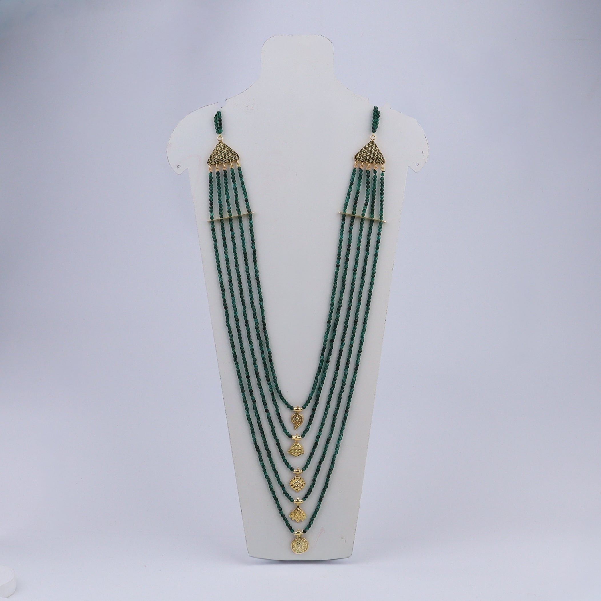 Saaj Motif Satlada Inspired Necklace with Green Onyx Stones | 5 Layered | 92.5 Silver | 22K Gold Plated