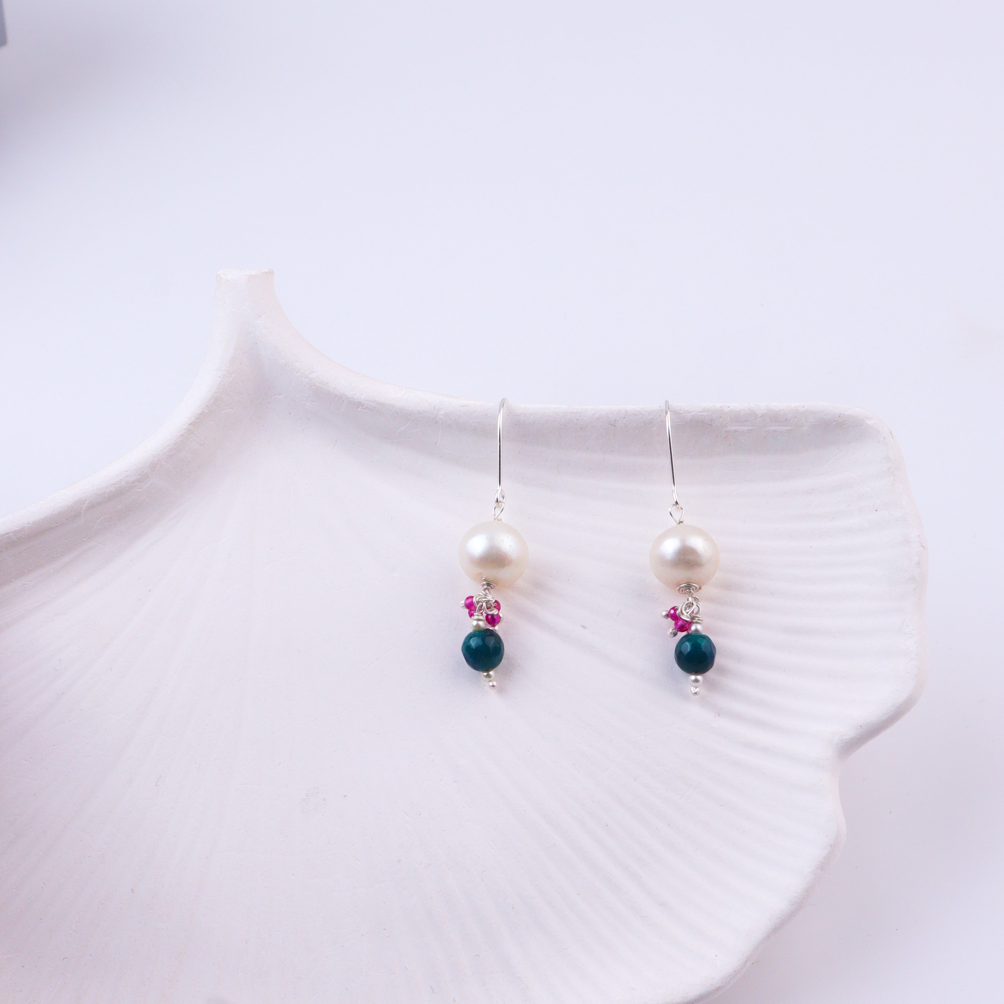 Blue Agate, Ruby & Pearl Silver Earrings (Project Handmade)